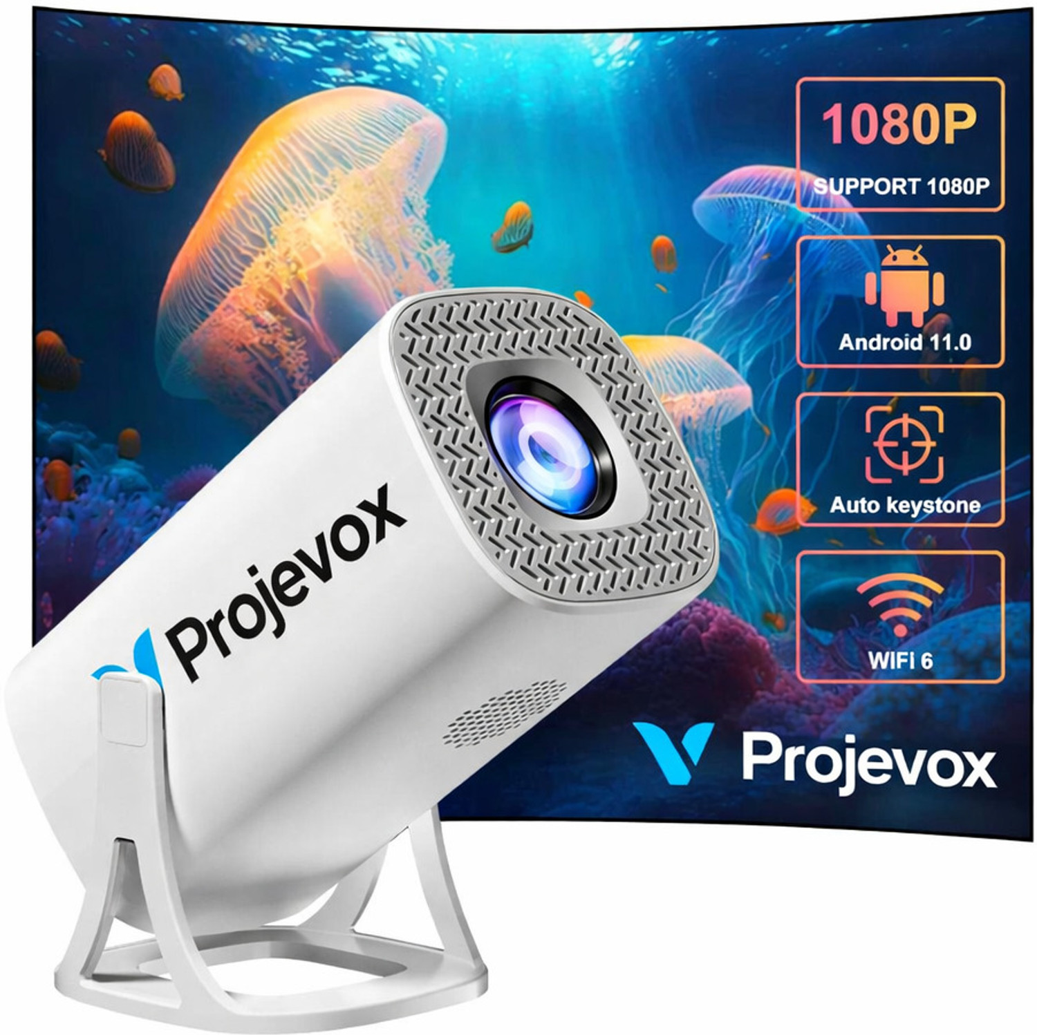 Image of Projevox Android 11 LCD Mini Portable Projector, 4K Support, 720P Native, LED Lamp (6000 lm / 1 Speaker / Wireless / Remote Controller) Portable Projector