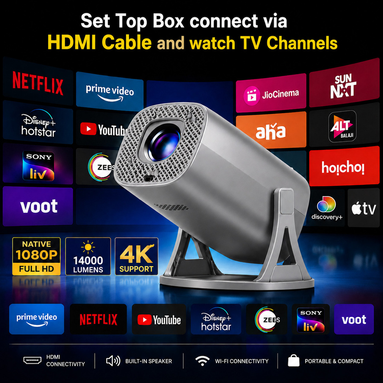 Image of Reysol Projector| Native 1080P| 4K Support|WiFi 6|Miracast|270 Rotatable|Auto Keystone (14000 lm / 1 Speaker / Wireless / Remote Controller) Portable Projector