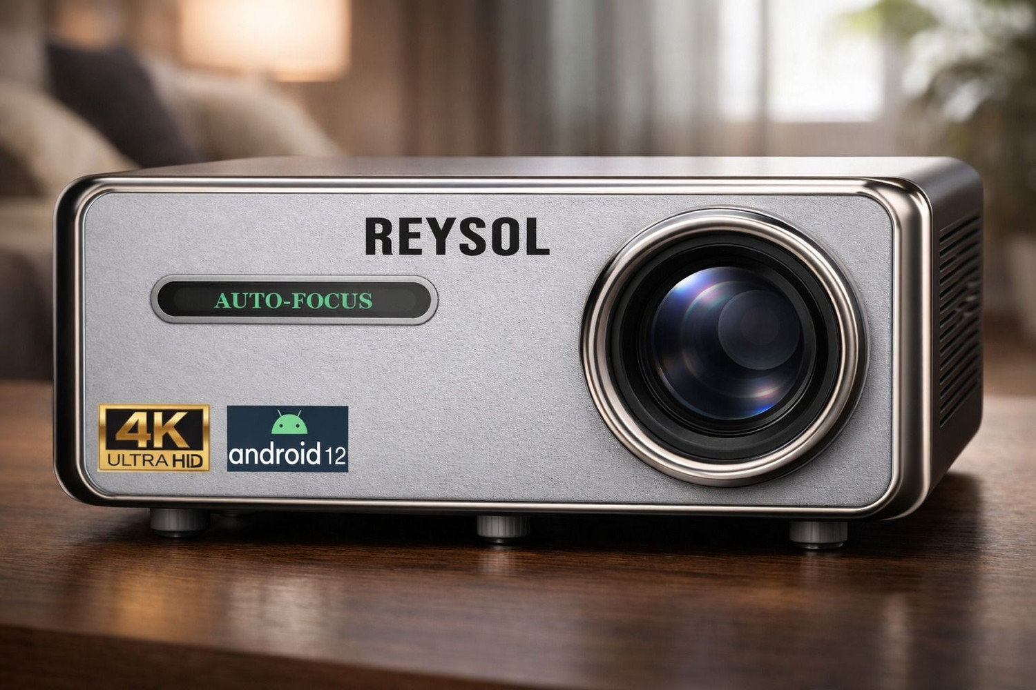 Image of Reysol Projector Auto Focus Keystone 12 Android True 4K HDR 10 Smart Touch Button (20000 lm / 2 Speaker / Wireless / Remote Controller) Portable Projector