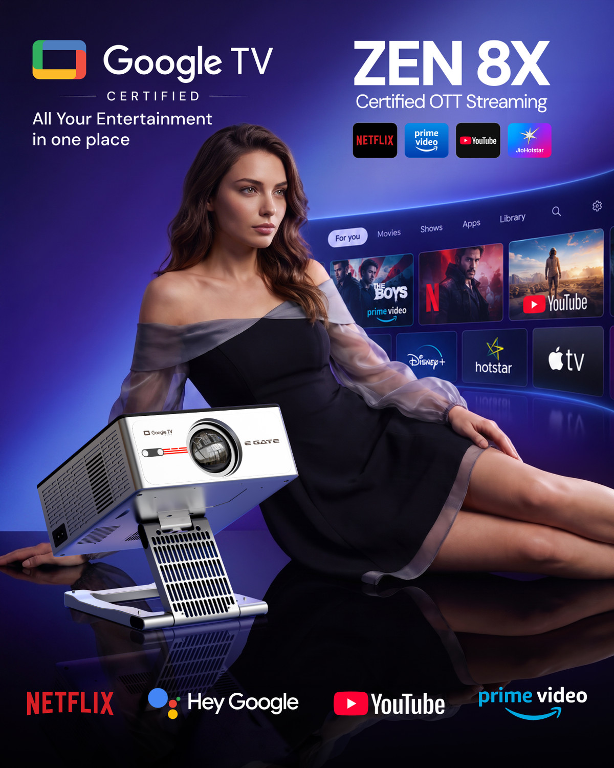 Image of Egate Zen 8X Official Google TV|Certified Apps Netflix, Prime|1080p Native 4k support (17500 lm / 1 Speaker / Wireless / Remote Controller) Projector
