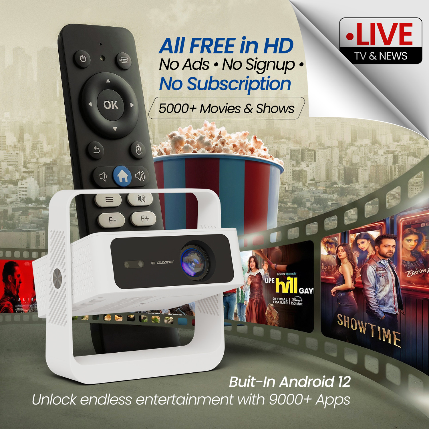 Image of Egate Atom 4X Air Automatic Projector 4k Ultra HD Support,Native 720p,400 ISO (10000 lm / 1 Speaker / Wireless / Remote Controller) Portable , Preinstalled Netflix, Prime, Live TV Auto Focus + Auto Keystone, WiFi, in /Out BT,Screen Mirroring,Obstacle Avoidance Projector