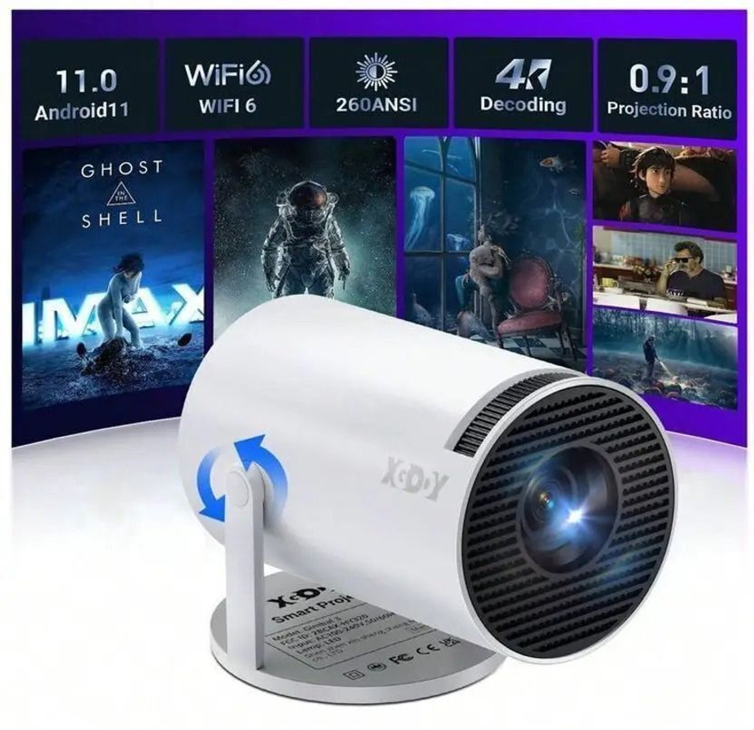 Image of Divine creation HY300 Smart Mini Portable Projector WiFi & Bluetooth|180 Rotating Full HD D166 (4800 lm / 1 Speaker / Wireless / Remote Controller) Portable Projector