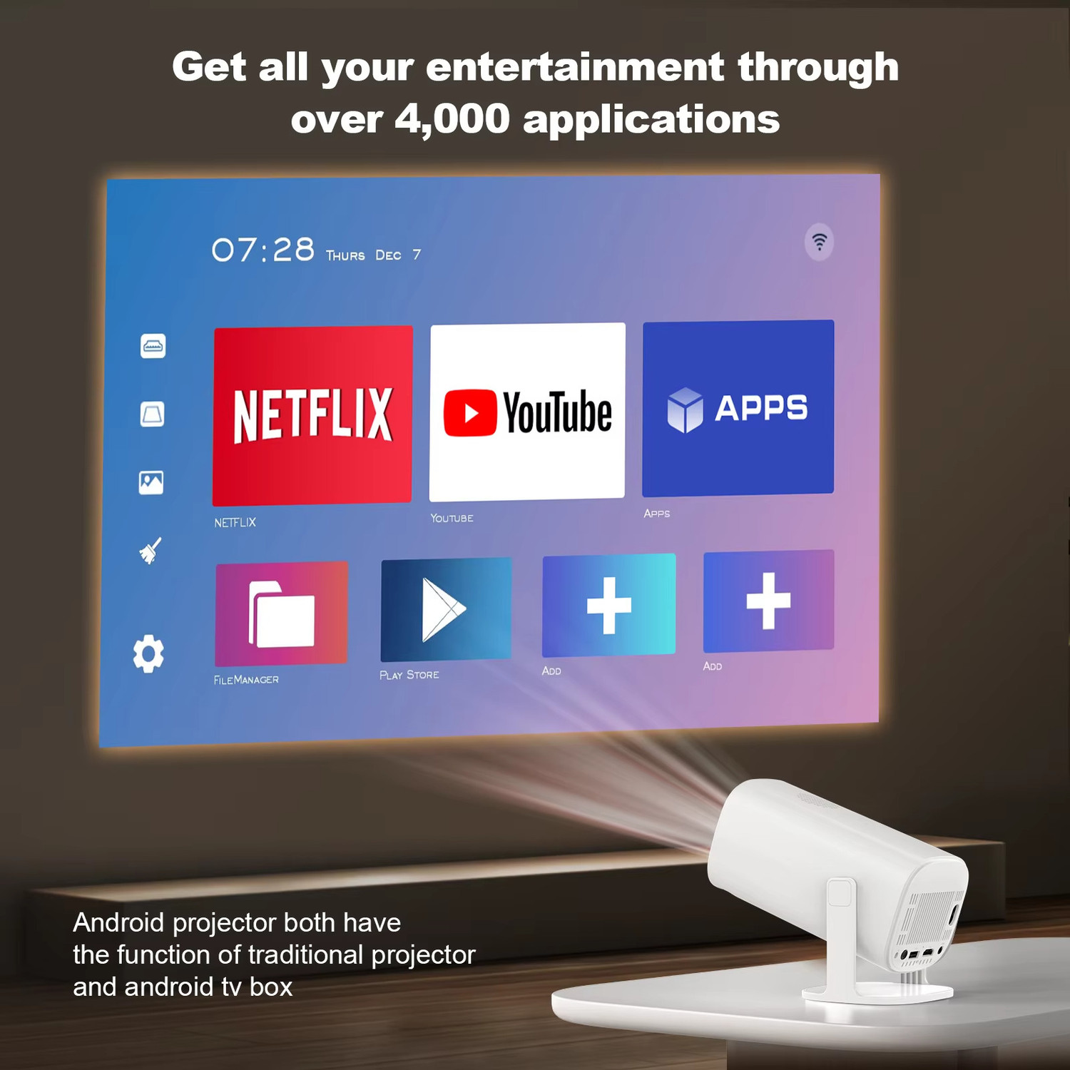 Image of GADGETSWEAR Smart 4K Ultra HD Projector Portable Home Theatre Cinema with 180 Rotatable (2000 lm / 2 Speaker / Wireless / Remote Controller) Portable Projector