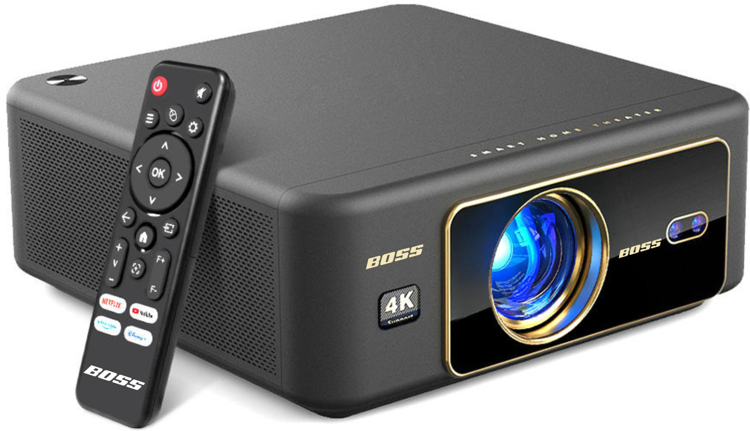 Image of Boss Projector CineMAX 4K Smart 21000 Lumens Android 12 4K HDR Auto Focus 6D Keystone (21000 lm / 2 Speaker / Wireless / Remote Controller) Portable Projector
