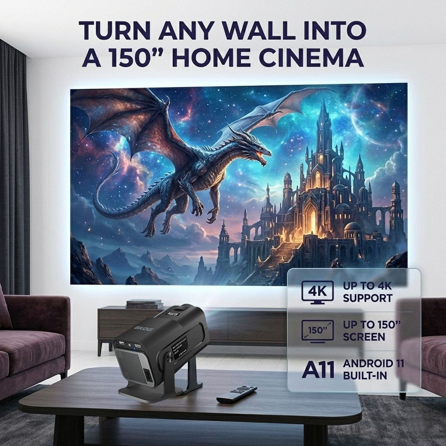 Image of SKOG 4K Support Native HD Android 11 WiFi 6 /BT 5.0 Freestyle Auto Keystone (4500 lm / 1 Speaker / Wireless / Remote Controller) Portable Projector