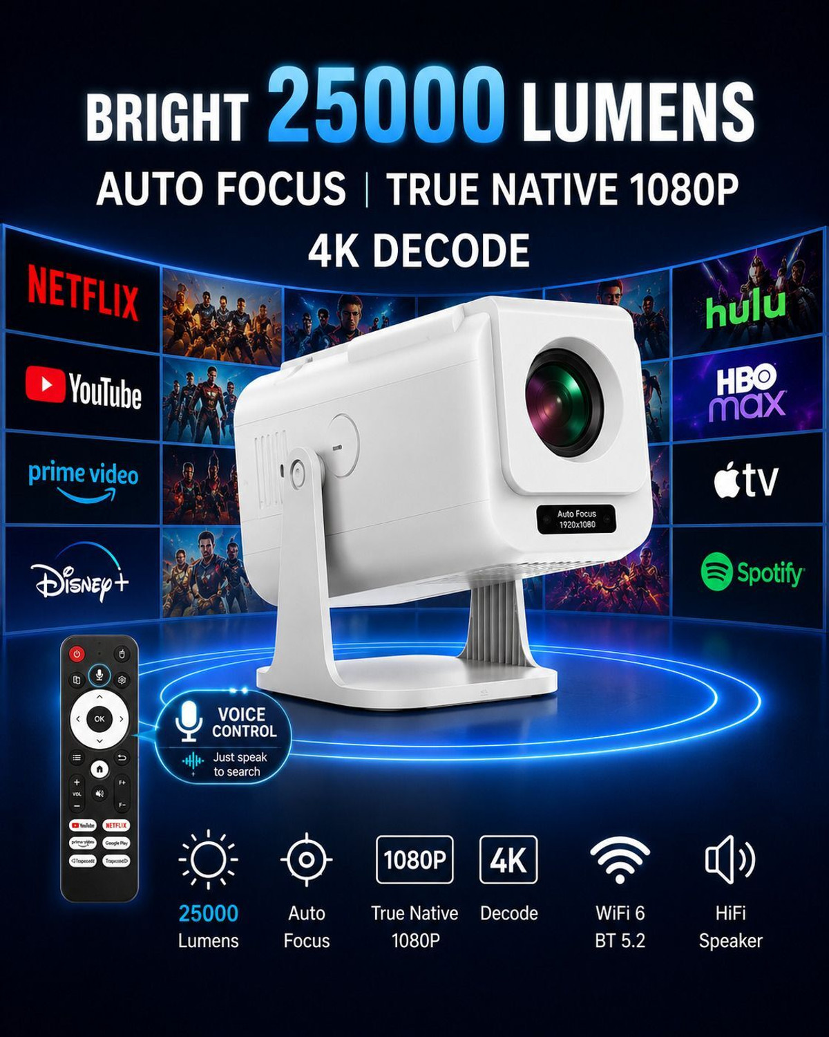 Image of Reysol Projector|4k decode|Native 1080P|WiFi|Miracast|Brighter 25000 lumens|Auto Focus (25000 lm / 1 Speaker / Wireless / Remote Controller) Portable Projector