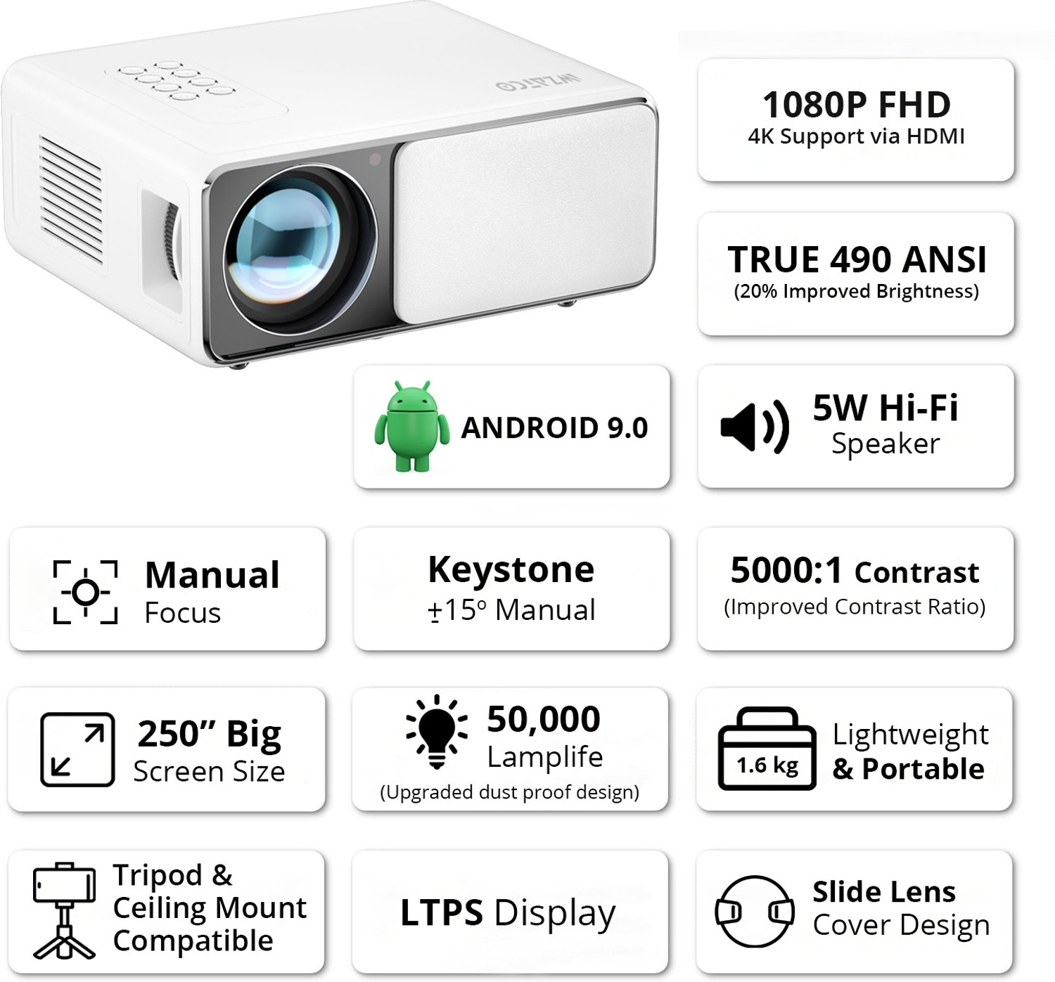 Image of WZATCO Yuva Plus Android (6600 lm / 1 Speaker / Wireless / Remote Controller) Native 1080P Full HD 4K Supported 4D Digital Keystone, Bluetooth, Wifi, Android 9.0 490 ANSI Projector