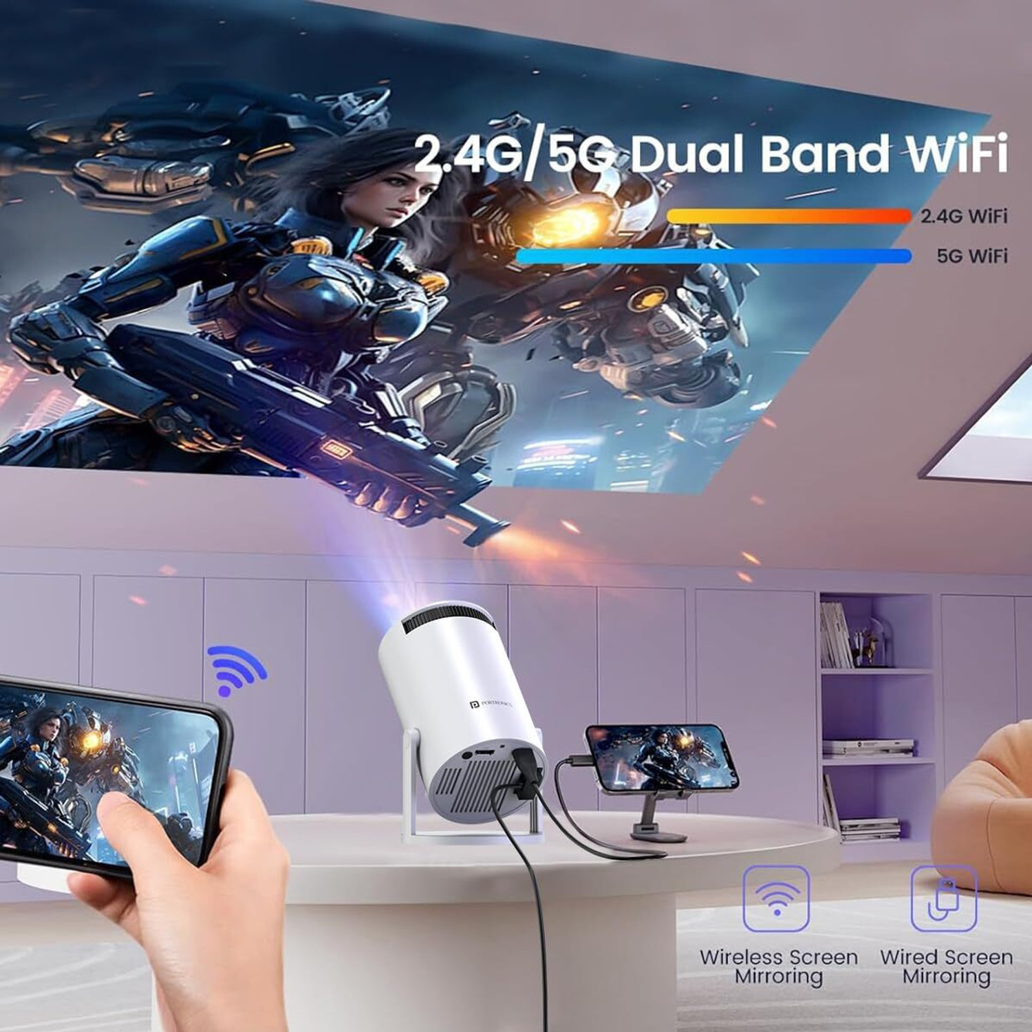 Image of VYNEX SmartLED 4K Projector with Android 13, WiFi Bluetooth, 180 Wide Angle, White (5500 lm / 1 Speaker / Wireless / Remote Controller) Portable Projector
