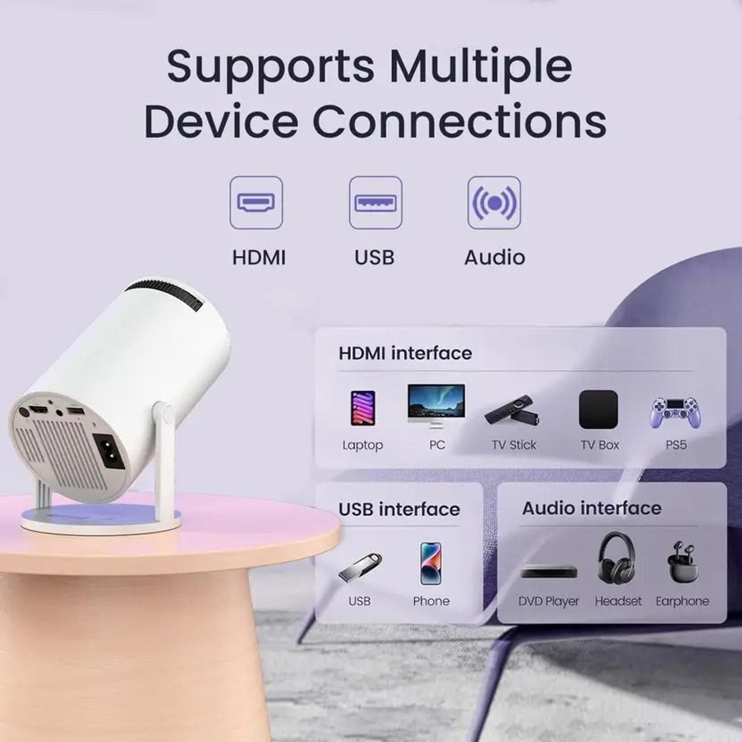 Image of Divine creation HY300 Smart Mini Portable Projector WiFi & Bluetooth|180 Rotating Full HD D311 (4800 lm / 1 Speaker / Wireless / Remote Controller) Portable Projector