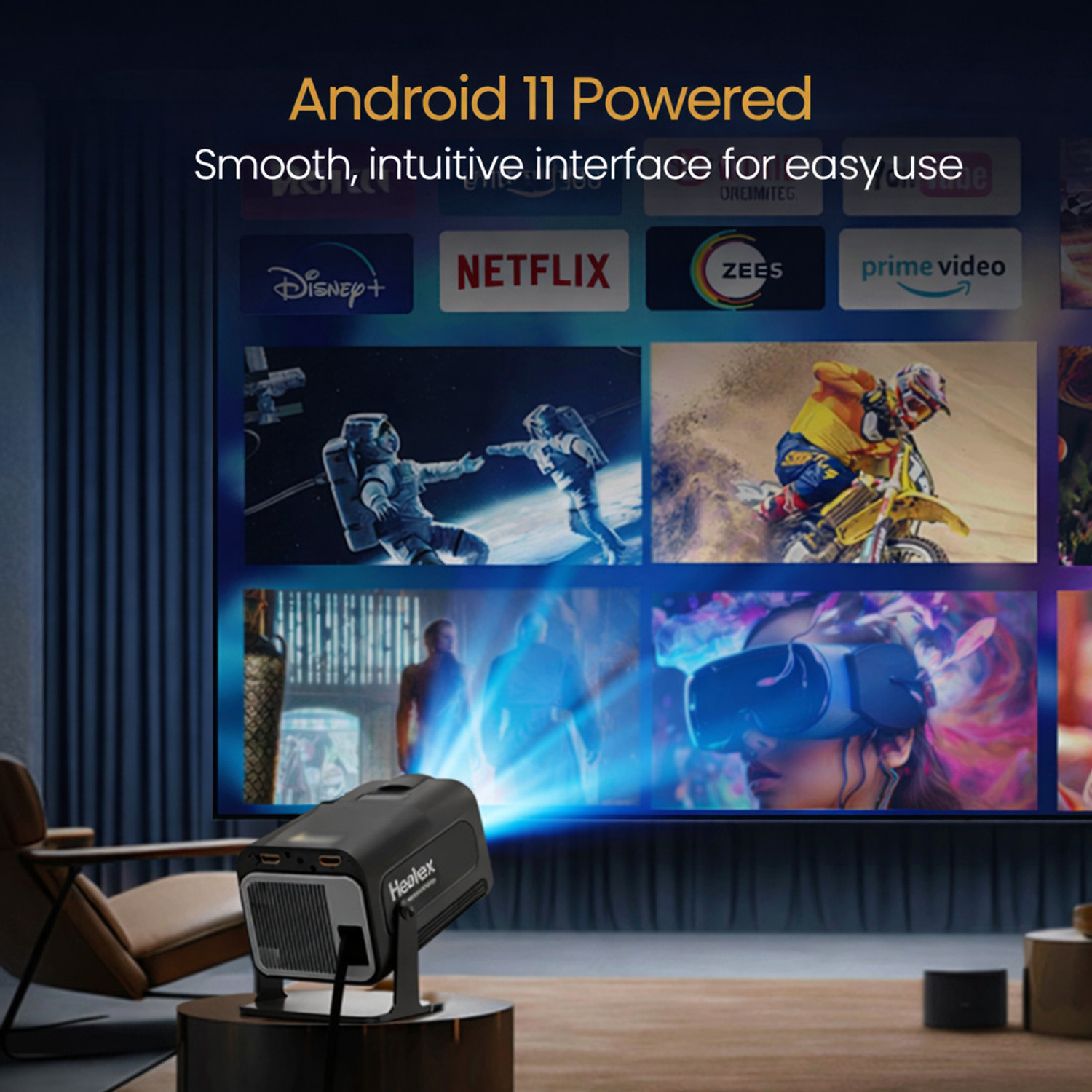 Image of Healvex Projector Mini Android Projector, 4K Video 1080P with Wi-Fi and Bluetooth 5.0 (5000 lm / 1 Speaker / Wireless / Remote Controller) Portable Projector