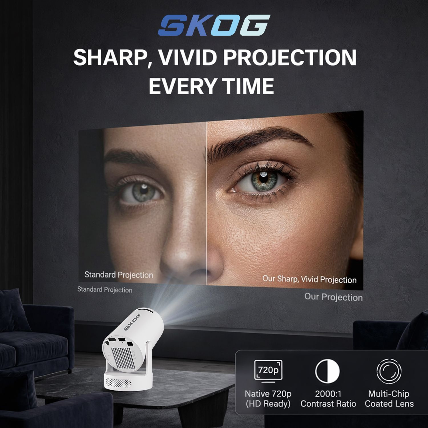 Image of SKOG Smart Projector, 4K HD Wifi6 /BT5, Android11, 180 Degree Rotation & Auto Keystone (4500 lm / 1 Speaker / Wireless / Remote Controller) Portable Projector
