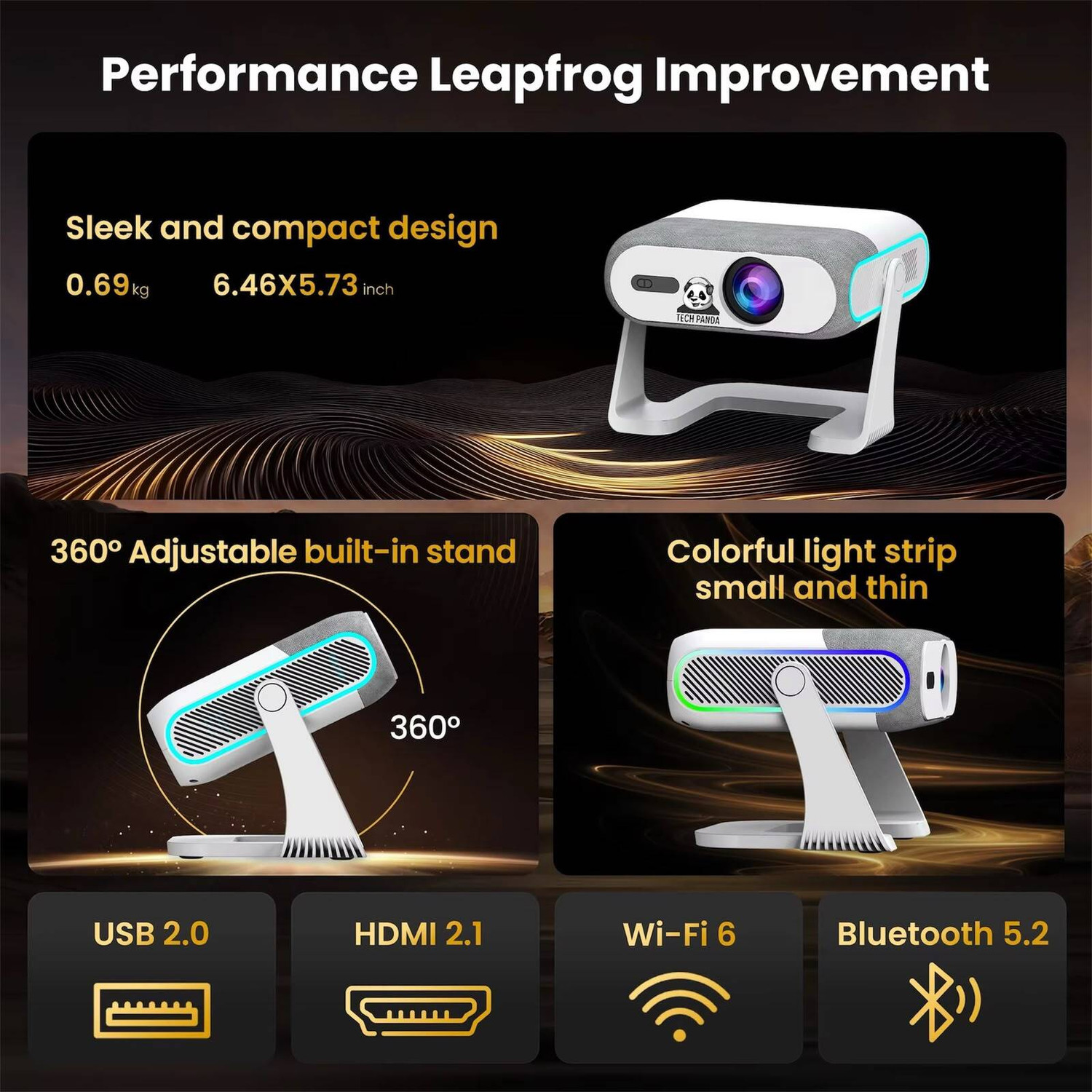 Image of TECHPANDA Smart Projector | Android 13 | 230 Rotate | WiFi 6 | Amlogic T950S Chip (6500 lm / 1 Speaker / Wireless / Remote Controller) Portable Projector