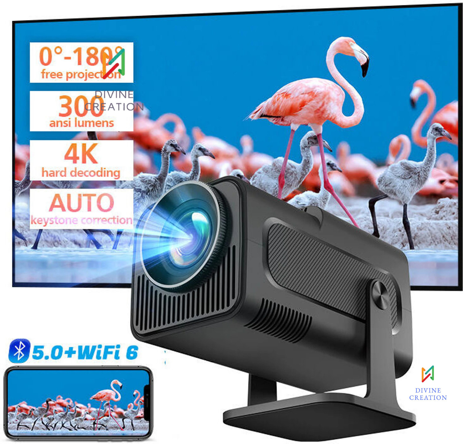 Image of Divine creation HY320 Mini 4K Support Smart Android 13 Projector with WiFi 6 HD Home Theater B67 (5000 lm / Wireless / Remote Controller) Portable Projector
