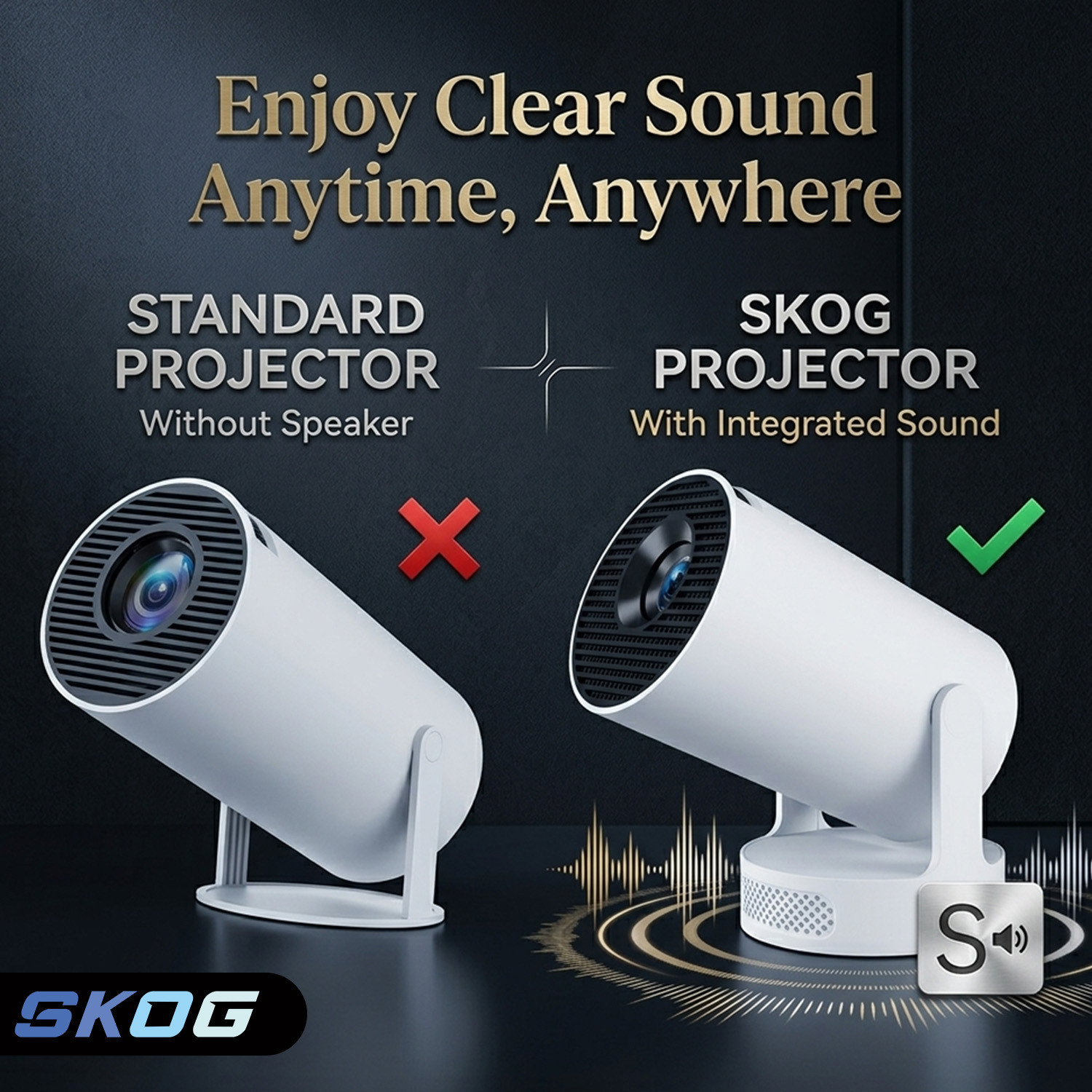 Image of SKOG Smart Projector, 4K HD Wifi6 /BT5, Android11, 180 Degree Rotation & Auto Keystone (4500 lm / 1 Speaker / Wireless / Remote Controller) Portable Projector