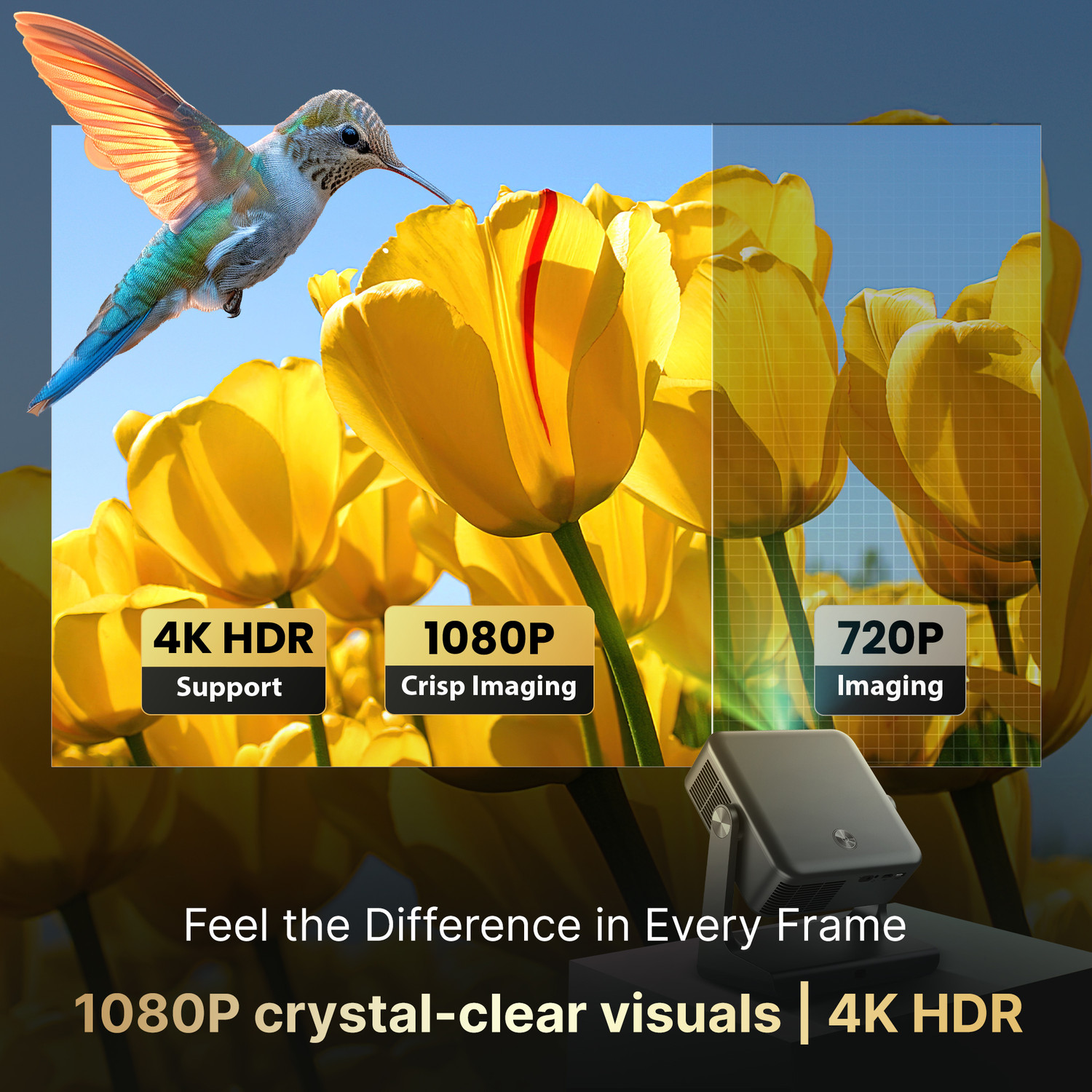 Image of CrossBeats Lumex Solis 1000 ANSI 4k Ultra HD [Google TV Official] 1080p Native, Android 14 (17200 lm / 2 Speaker / Wireless / Remote Controller) Portable Portable Home Theater Cinema, Smart mini with Built-in Apps, 300''Display Projector