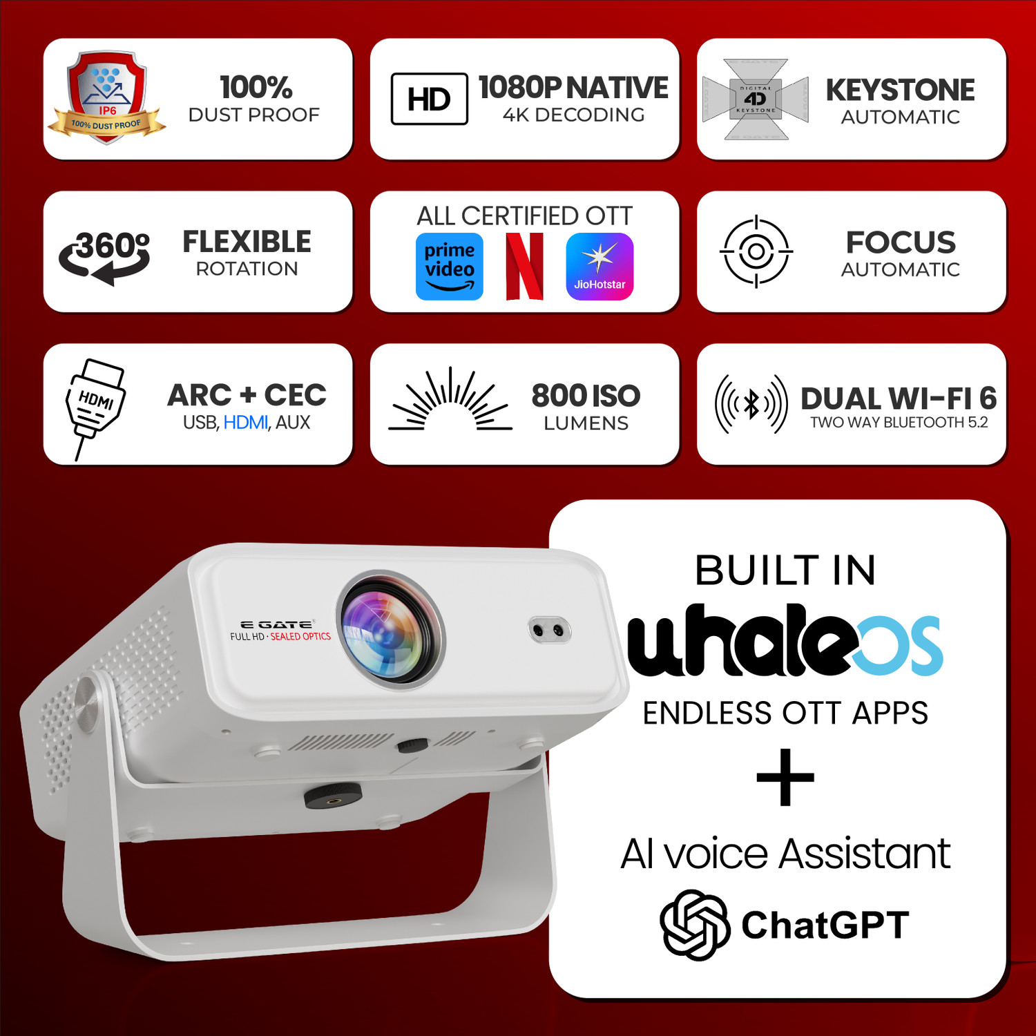 Image of Egate Duster 8X Plus Official Netflix 4k Support DustFree Certified Android Whale OS (17000 lm / 2 Speaker / Wireless / Remote Controller) Portable Projector