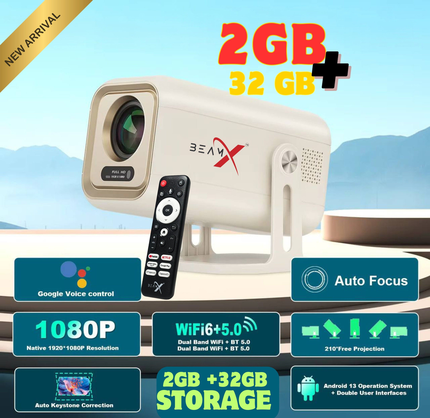 Image of BeamX ELITE 2+32GB Ultra Smooth 6X Brighter Android13 Voice Assistant 4K+Dolby Support (16000 lm / 1 Speaker / Wireless / Remote Controller) Portable Projector