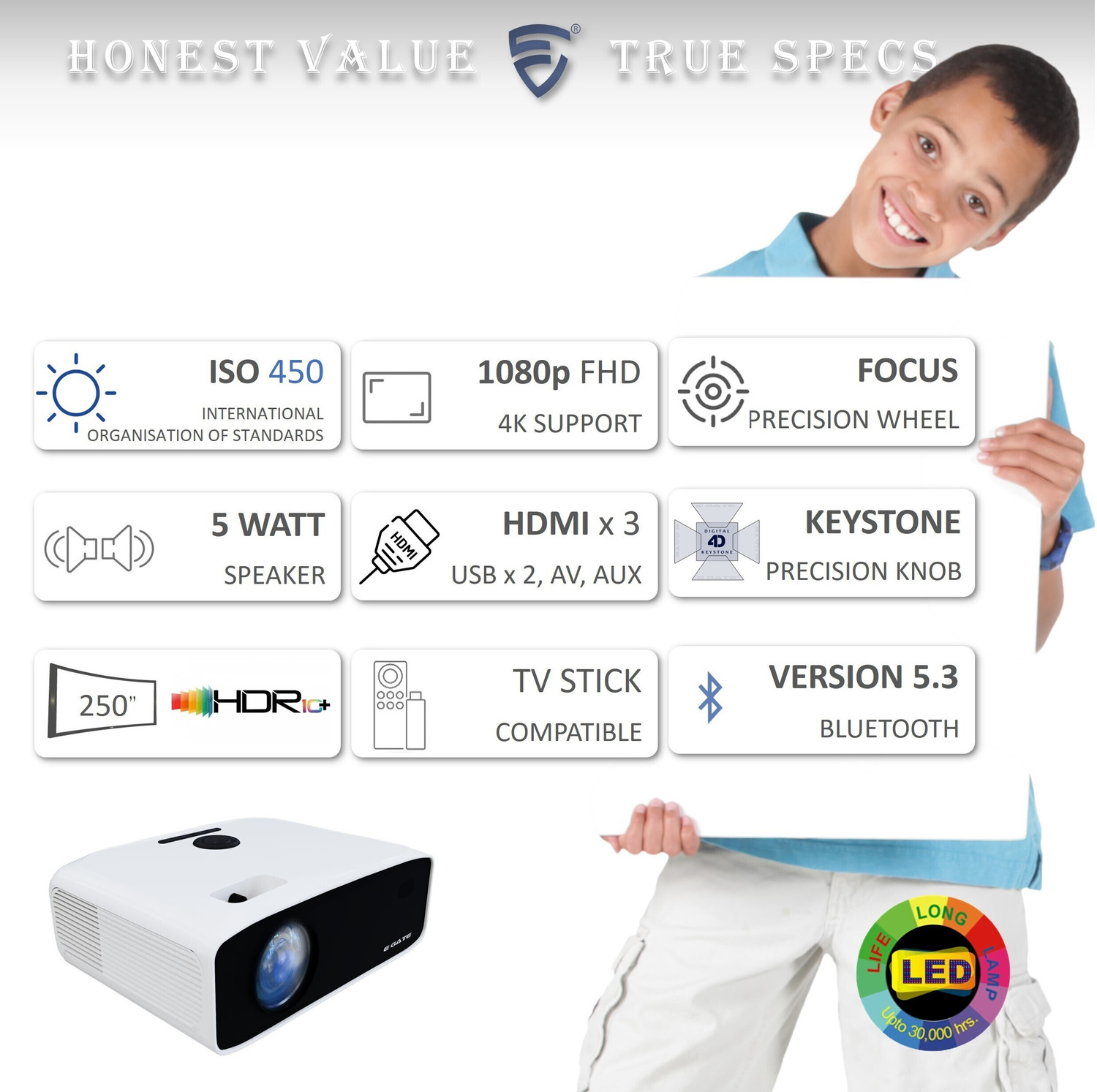 Image of Egate K9 Pro / EO9022 (13500 lm / 1 Speaker / Wireless / Remote Controller) Full HD 1080p Native with 4K Ultra HD Support with 750 FC | Brightest in Segment | 635cm Max Screen | 5W Inbuilt Speaker | 3XHDMI, 2XUSB, AV, Aux | Ultra Bright Projector