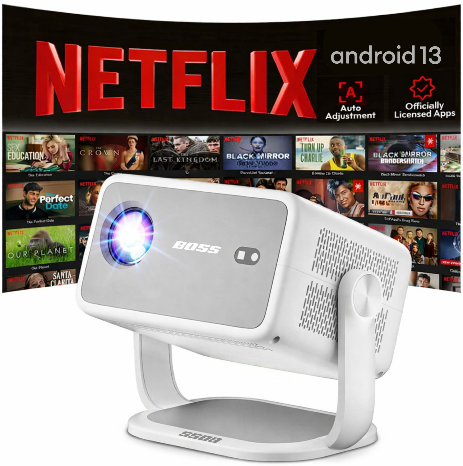 Image of Boss Projector Elite 7 Pro Smart Cinema Projector 10000 Lumens 4K Resolution (10000 lm / 2 Speaker / Wireless / Remote Controller) Portable Projector
