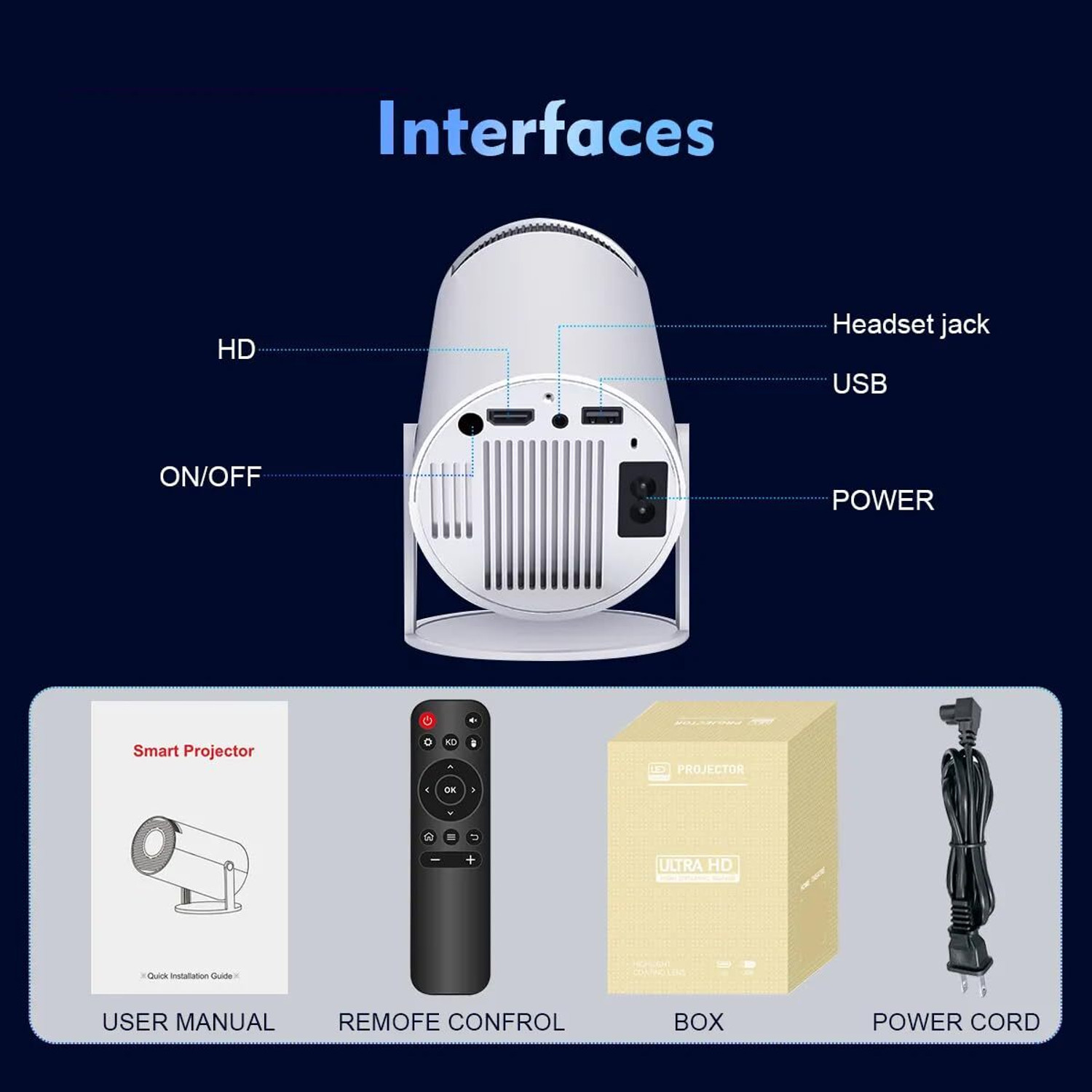 Image of VYNEX SmartLED 4K Projector with Android 13, WiFi Bluetooth, 180 Wide Angle, White (5500 lm / 1 Speaker / Wireless / Remote Controller) Portable Projector