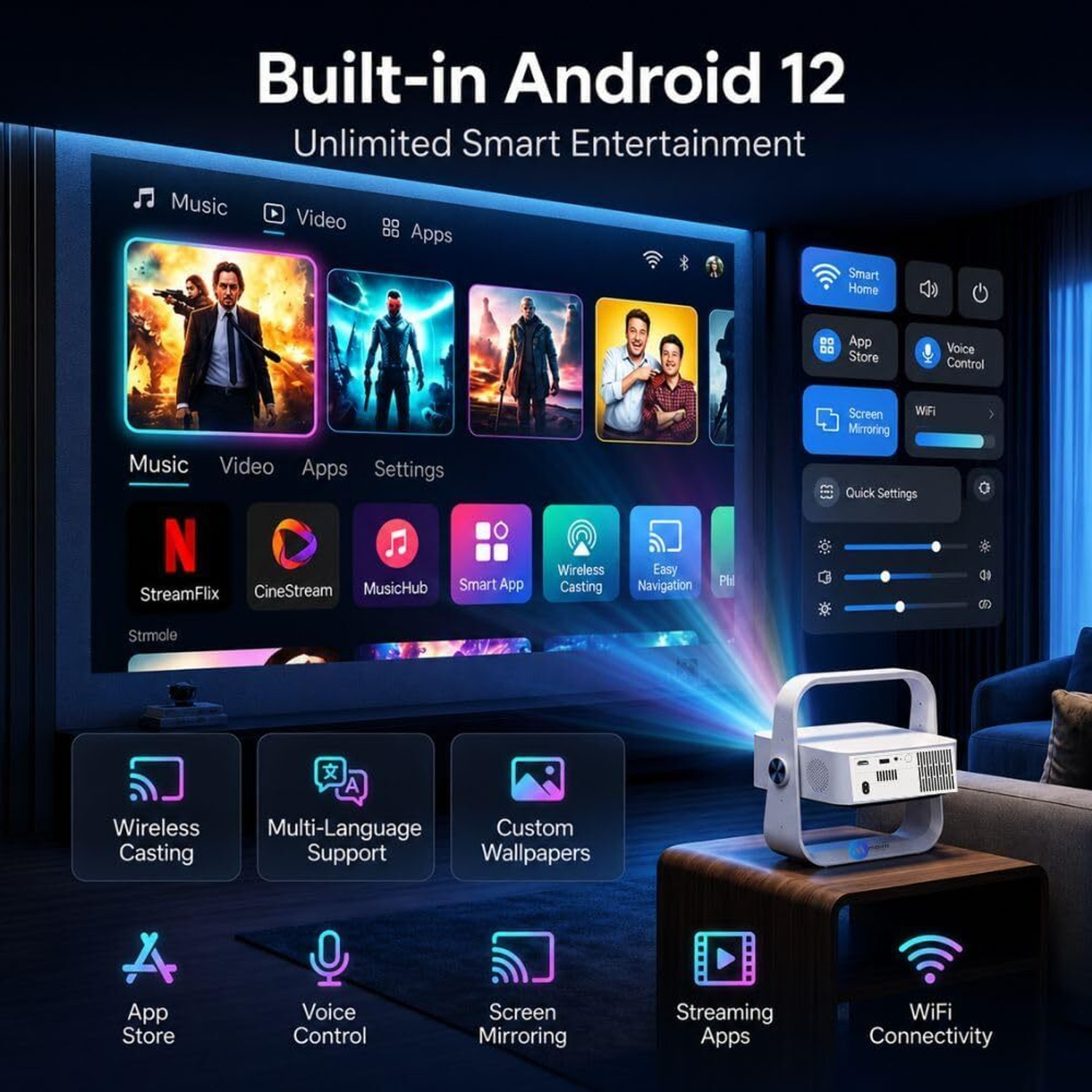 Image of Maizic Smarthome Lumora Native 1080P Smart Projector with Android 12, 15000 Lumens, 4K Support (15000 lm / Wireless) Portable Projector