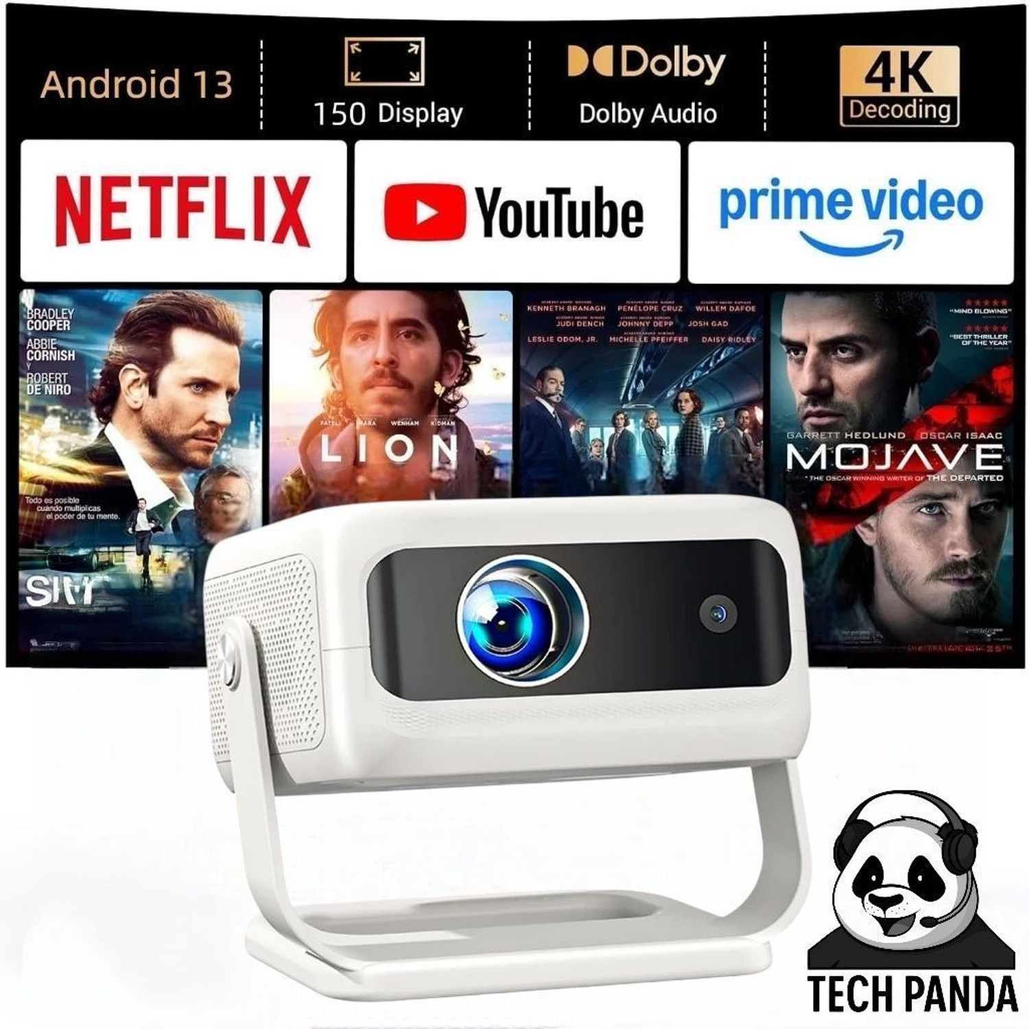 Image of TECHPANDA 4K Android 13 Smart Projector - Auto Focus, Keystone & 360 Rotation (800 lm / 1 Speaker / Wireless / Remote Controller) Portable Projector