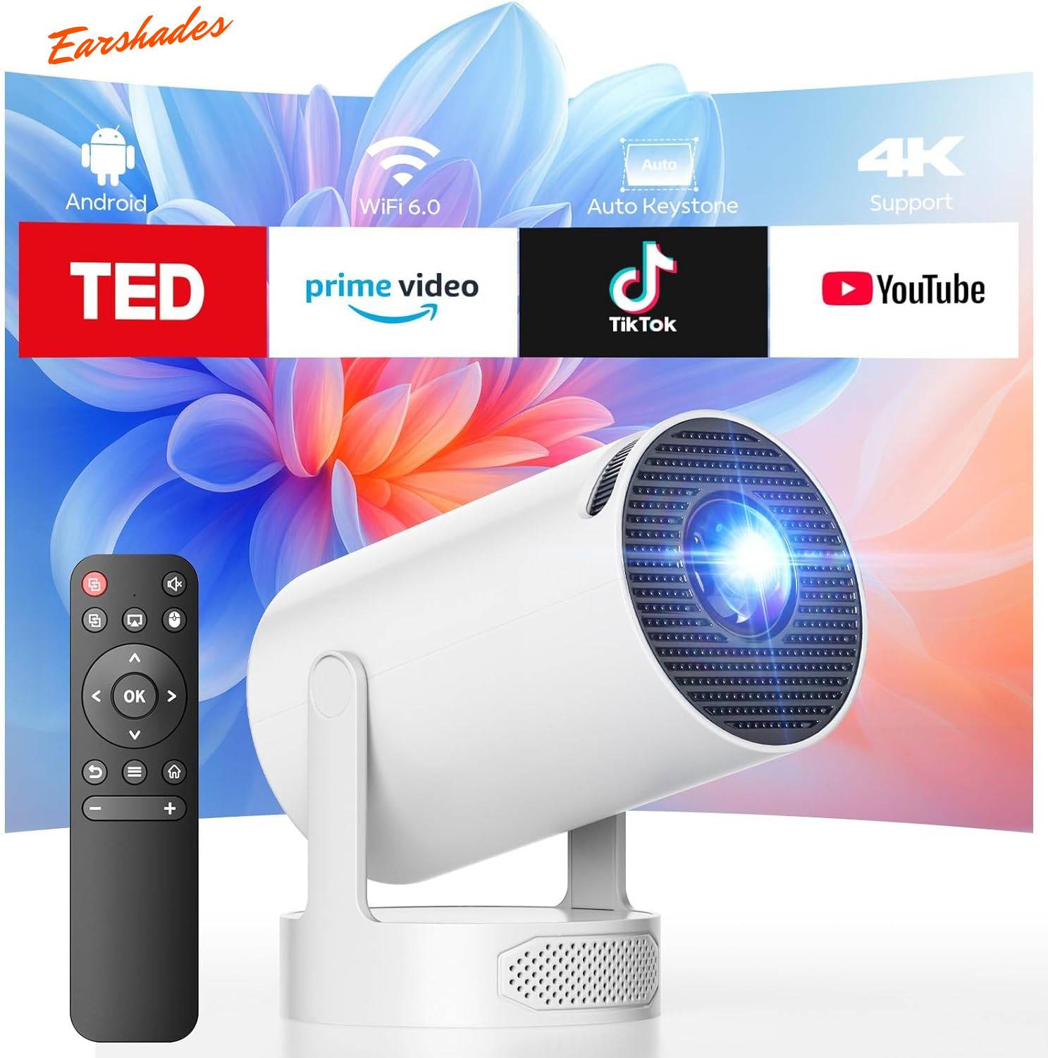 EarShades HY-300 4K Ultra HD Smart Mini Projector with WiFi, Android System E16 (4500 lm / 1 Speaker / Remote Controller) Portable Projector (White) deal from flipkart