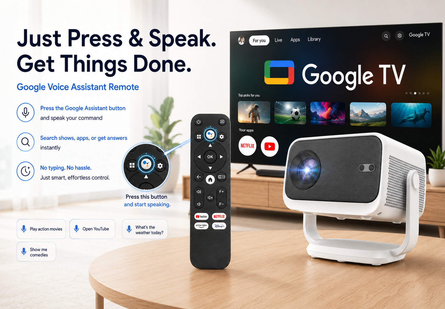 Image of BeamX Neo GTV Google TV 100% Dust-Free Sealed 1080P 4K Support Dolby Voice Assistant (20000 lm / 1 Speaker / Wireless / Remote Controller) Portable Projector