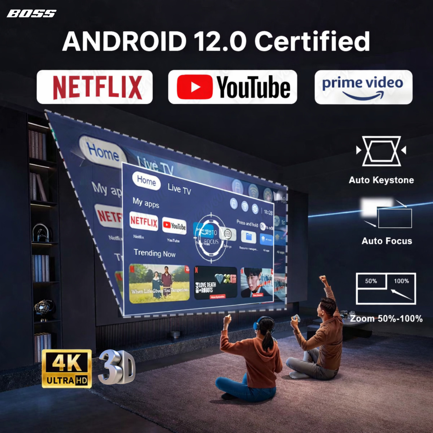 Image of Boss Projector CineMAX 4K Smart 21000 Lumens Android 12 4K HDR Auto Focus 6D Keystone (21000 lm / 2 Speaker / Wireless / Remote Controller) Portable Projector