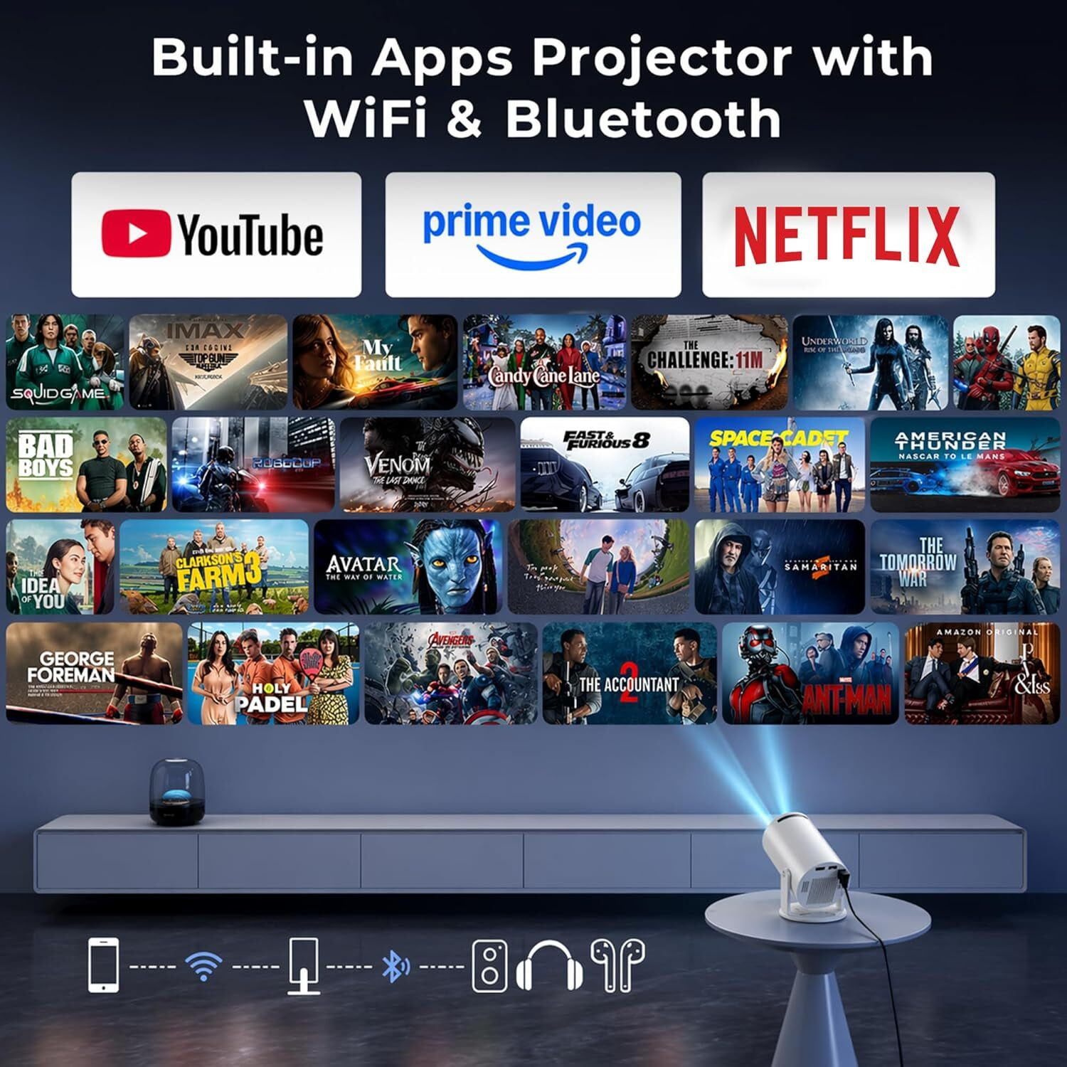 Image of DecoCraftCreations 4K Android LED Projector 1080P Portable Remote Control (400 lm / Remote Controller) Portable Projector