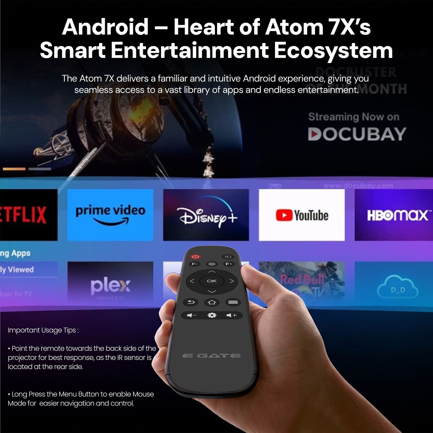 Image of Egate Atom 7X, C-Type USB, 4k Ultra HD | Native 1080p |Netflix, Prime, LiveTV (16000 lm / 1 Speaker / Wireless / Remote Controller) Projector (Beige)