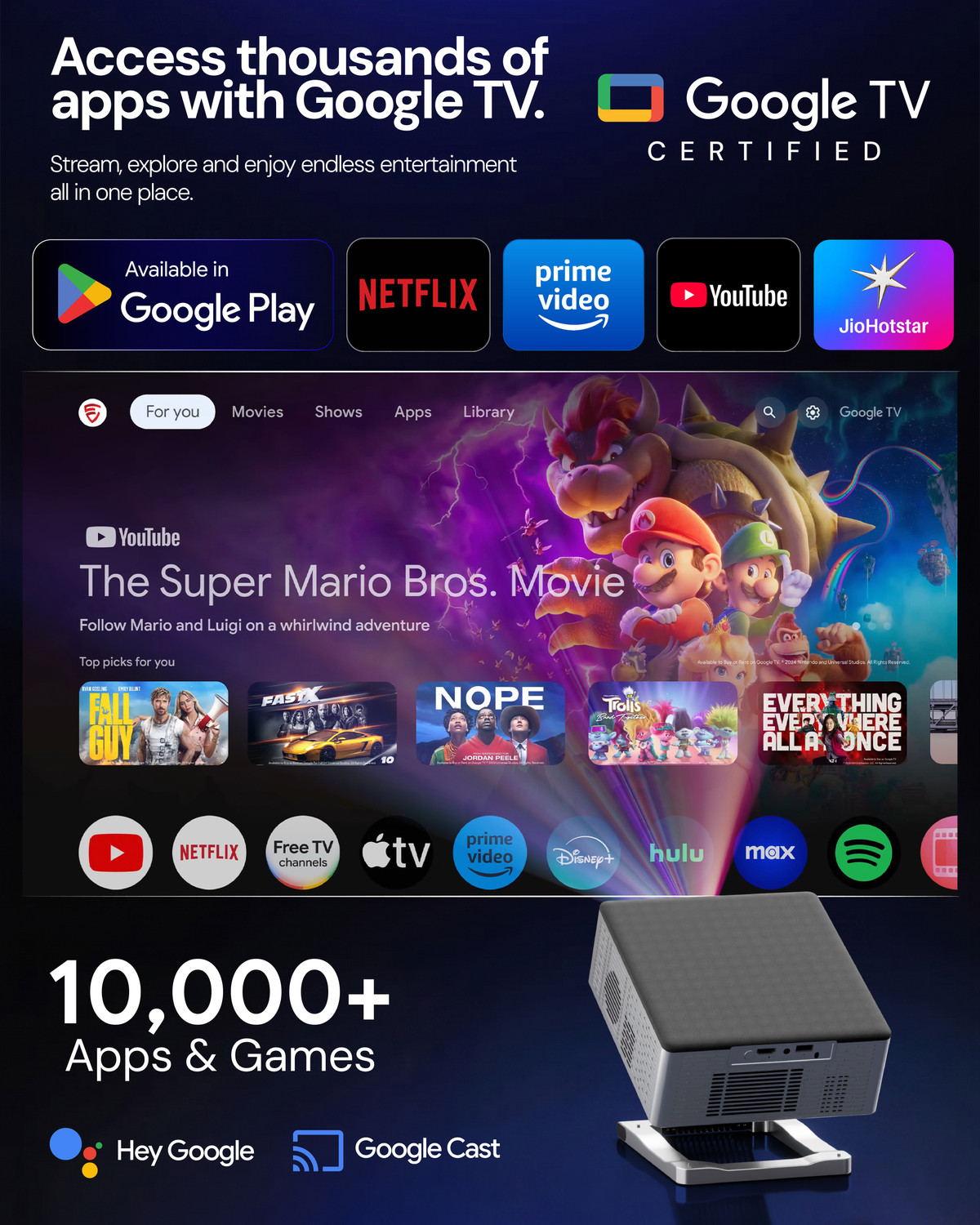 Image of Egate Zen 8X Official Google TV|Certified Apps Netflix, Prime|1080p Native 4k support (17500 lm / 1 Speaker / Wireless / Remote Controller) Projector