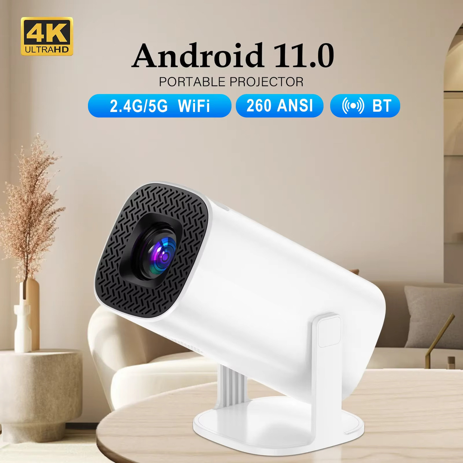 Image of GADGETSWEAR Smart 4K Ultra HD Projector Portable Home Theatre Cinema with 180 Rotatable (2000 lm / 2 Speaker / Wireless / Remote Controller) Portable Projector