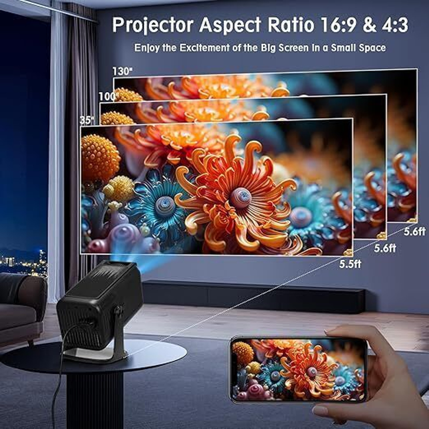Image of Reysol Projector 13.O Android Native 1080P 4K Support Dual-Band WIFI6 5G Wireless (12500 lm / 1 Speaker / Wireless / Remote Controller) Portable Projector