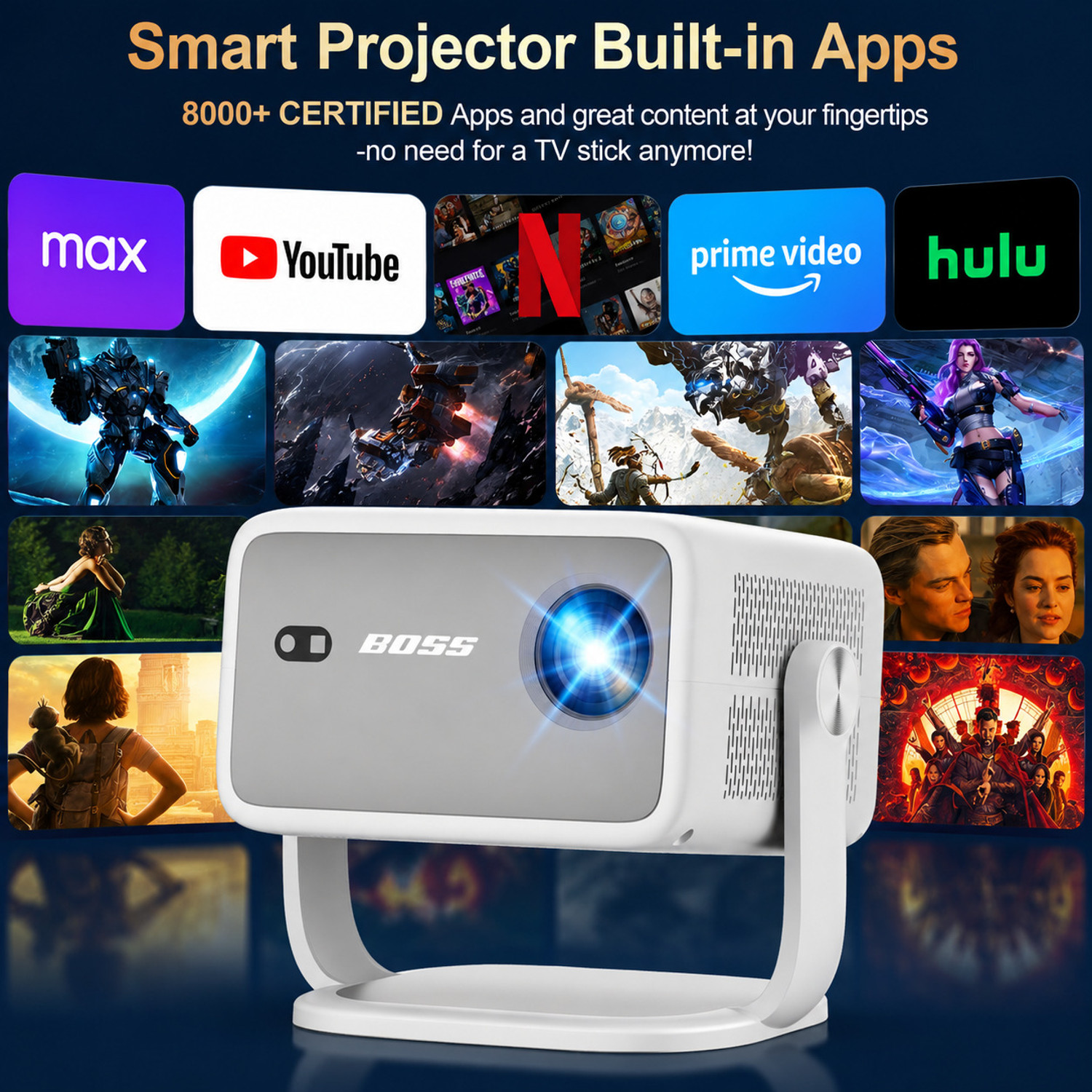 Image of Boss Projector X1000 Ultra AI | 1200 ANSI, Full HD, 4K HDR10+ 8K Supported (1200 lm) Portable Projector