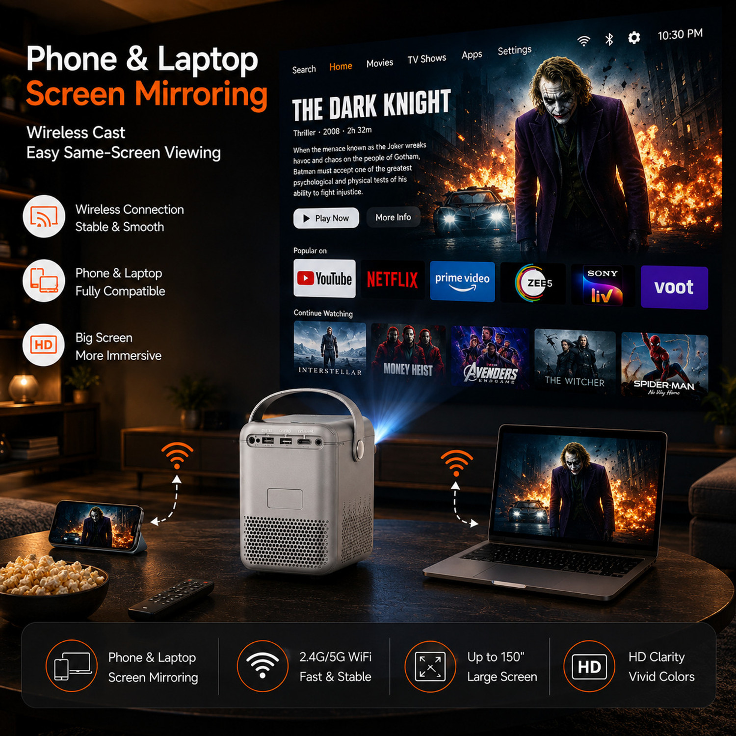 Image of Reysol 2K Projector|25000 Lumens High Brightness|WiFi & Miracast | Android 14 (25000 lm / 1 Speaker / Wireless / Remote Controller) Portable Projector