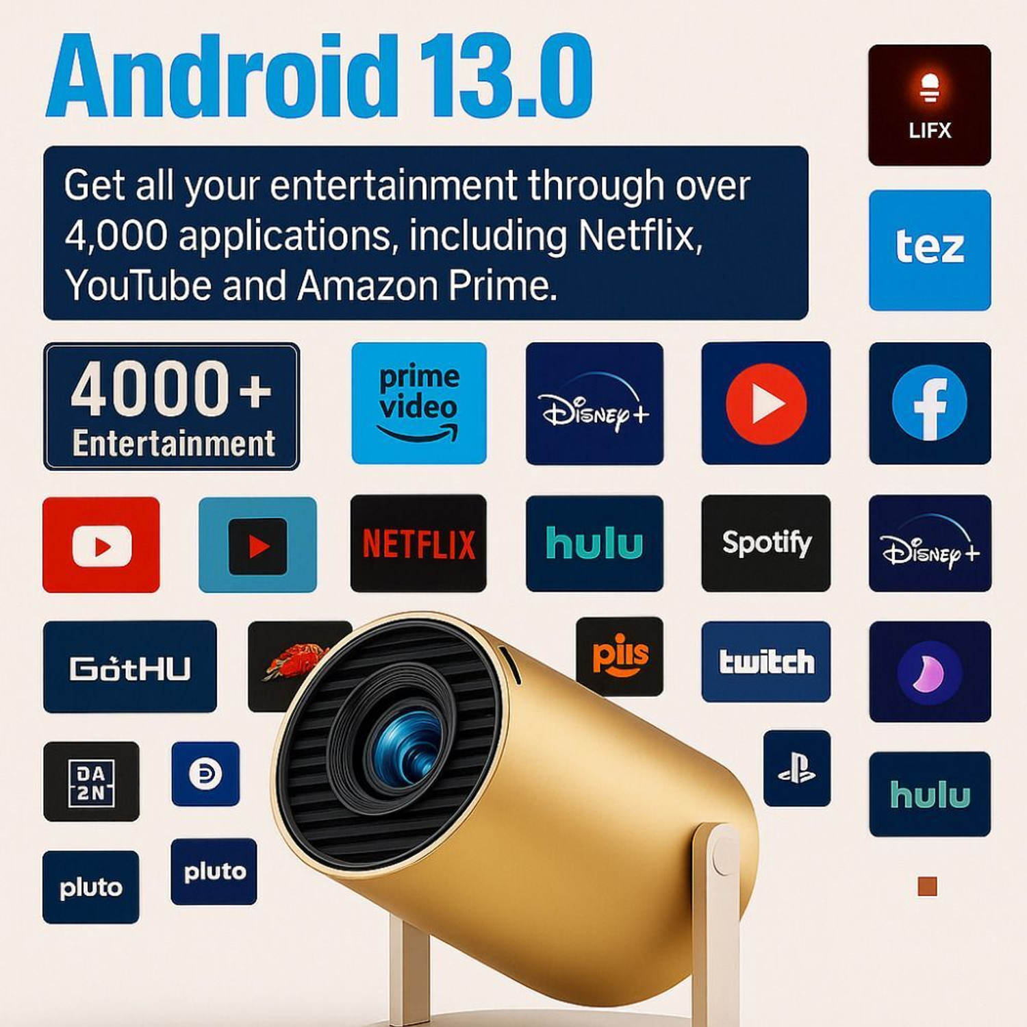 Image of Maizic Smarthome Gold 2X Smart Projector, 13.0 Android Projector, 1080p & 4k Support (200 lm / Wireless / Remote Controller) Portable Projector