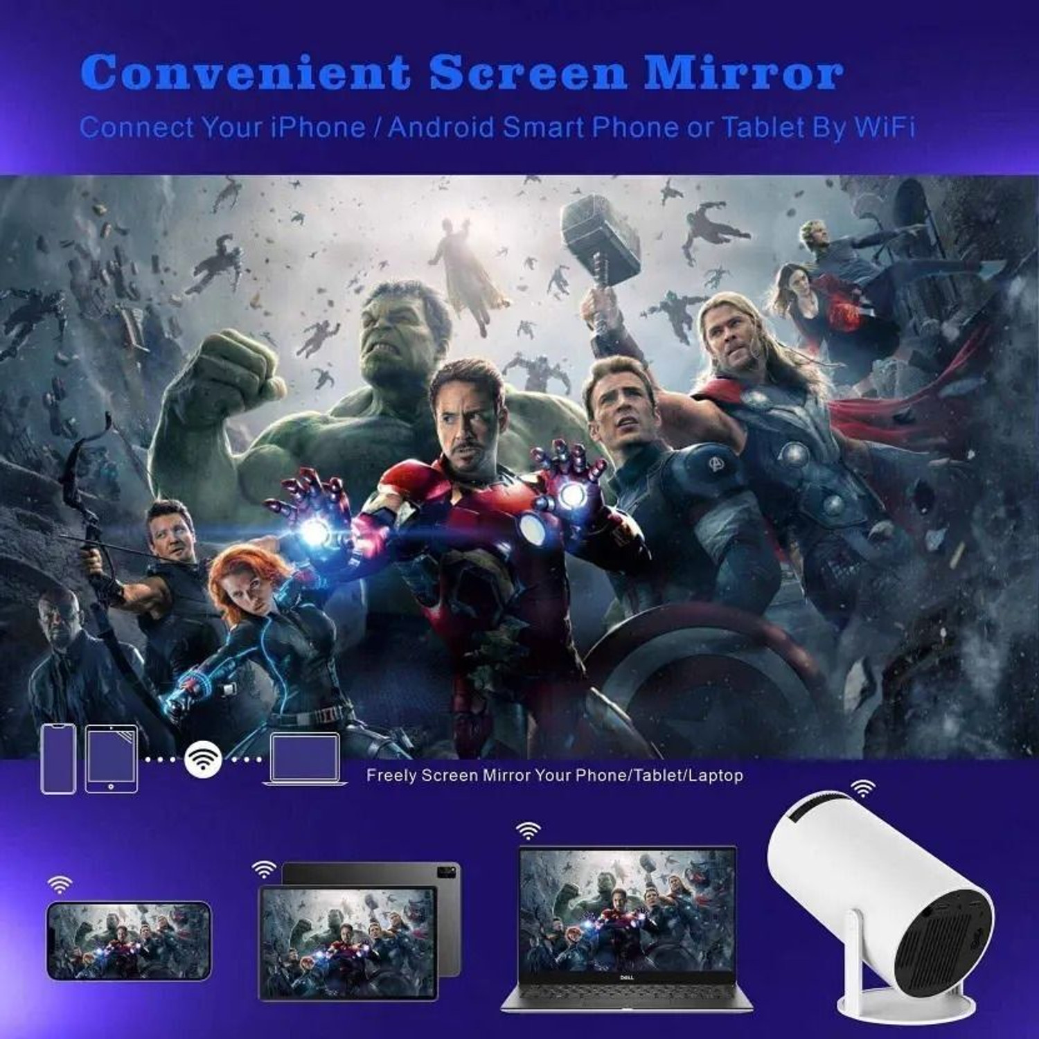 Image of Divine creation HY300 Smart Mini Portable Projector WiFi & Bluetooth|180 Rotating Full HD D21 (4800 lm / 1 Speaker / Wireless / Remote Controller) Portable Projector