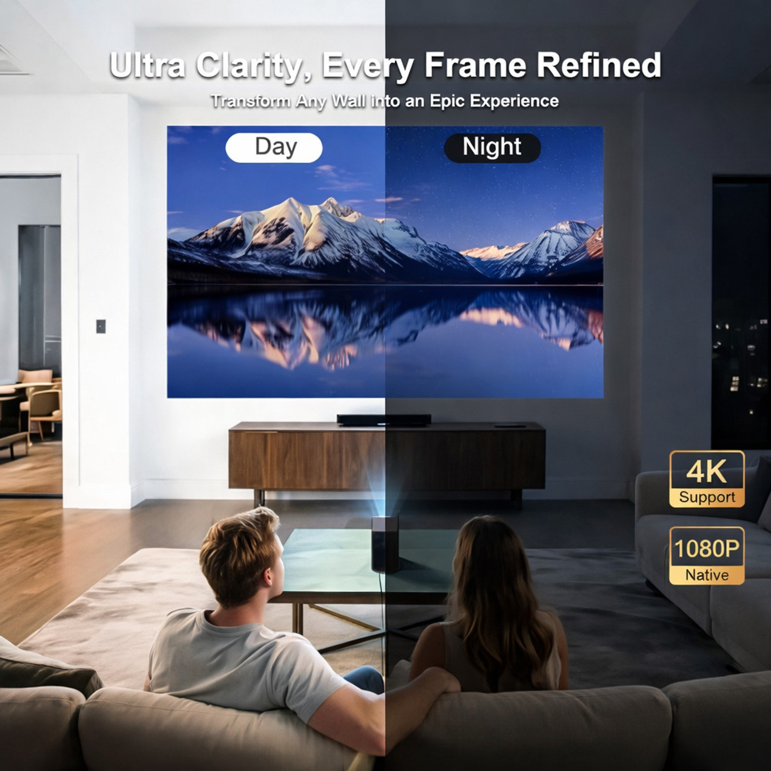Image of Reysol Projector Auto Focus Keystone 12 Android True 4K HDR 10 Smart Touch Button (20000 lm / 2 Speaker / Wireless / Remote Controller) Portable Projector