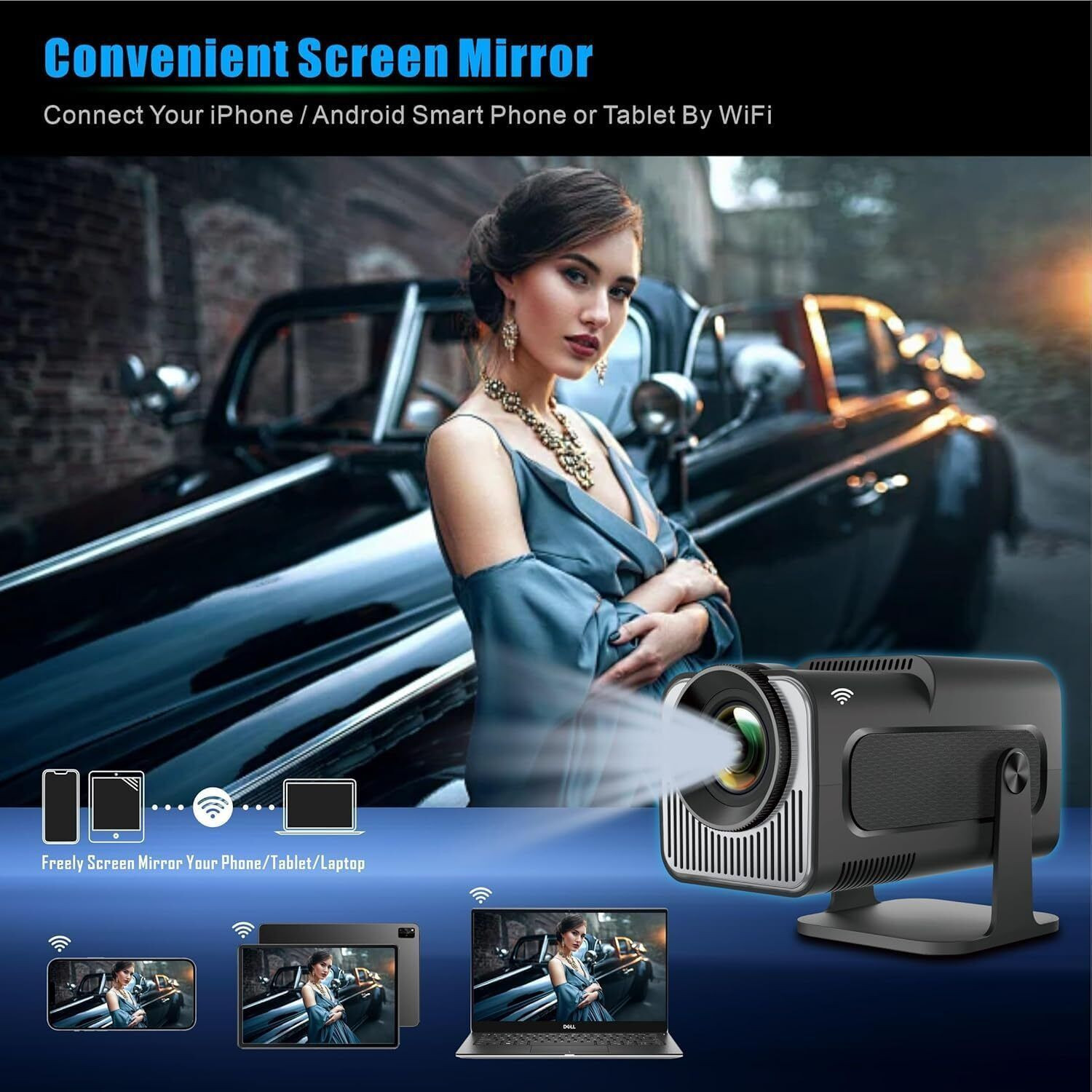 Image of OnlyU HY320 Mini projector 4k android HD 11 WiFi 6 /BT 5.0 Freestyle Auto Keystone (5000 lm / 1 Speaker / Wireless / Remote Controller) Portable Projector