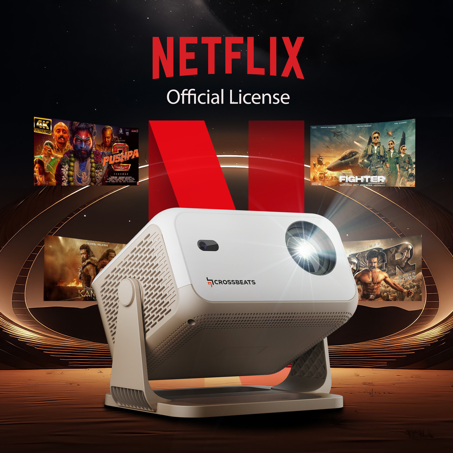 Image of CrossBeats Lume Flix[Netflix Official License]4k Ultra HD,1080p Native,Smart Mini for Room (16000 lm / 1 Speaker / Wireless / Remote Controller) Portable with Home Cinema, Built-in Apps, 300 inchDisplay Projector