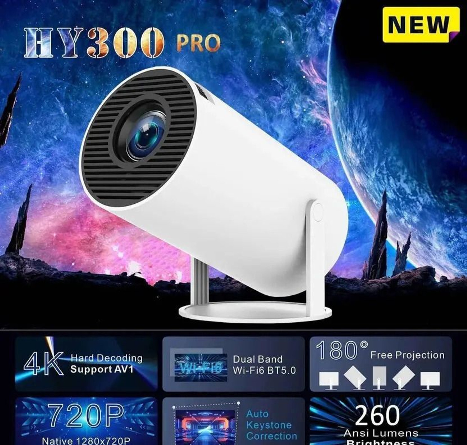 Image of Divine creation HY300 Smart Mini Portable Projector WiFi & Bluetooth|180 Rotating Full HD D107 (4800 lm / 1 Speaker / Wireless / Remote Controller) Portable Projector