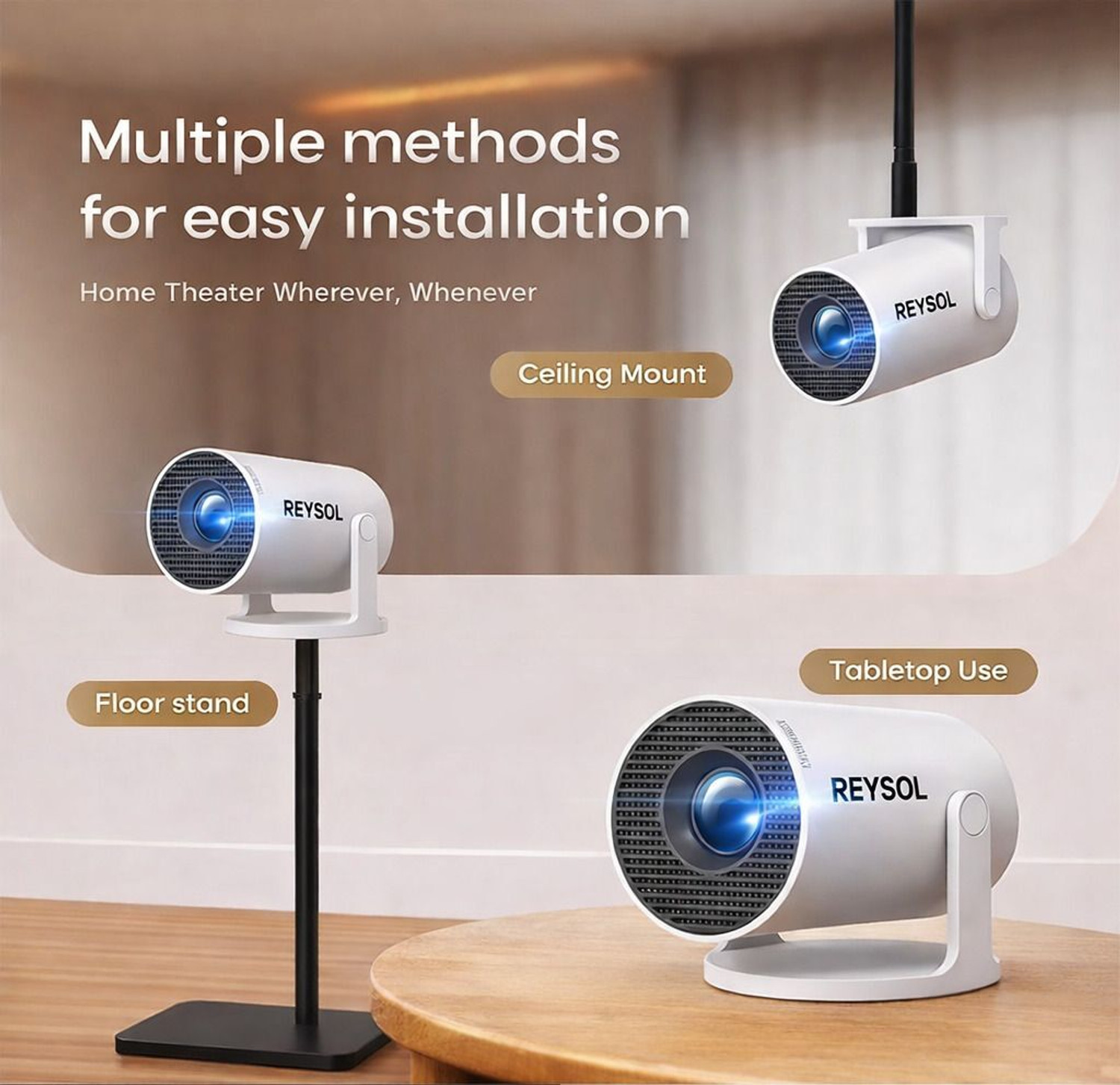 Image of Reysol Projector Android 13 Native 720P 4K Support WIFI6 Miracast 16 GB Storage (7000 lm / 1 Speaker / Wireless / Remote Controller) Portable Projector