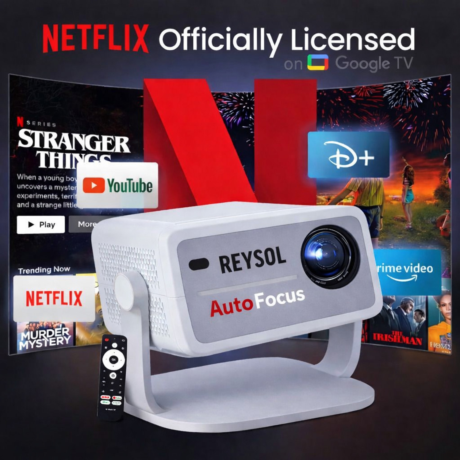 Image of Reysol Projector Official Goo-gle TV&Net-Flix Inside 1080P SUPPORT 4K|Auto Keystone (27000 lm / 1 Speaker / Wireless / Remote Controller) Portable Projector
