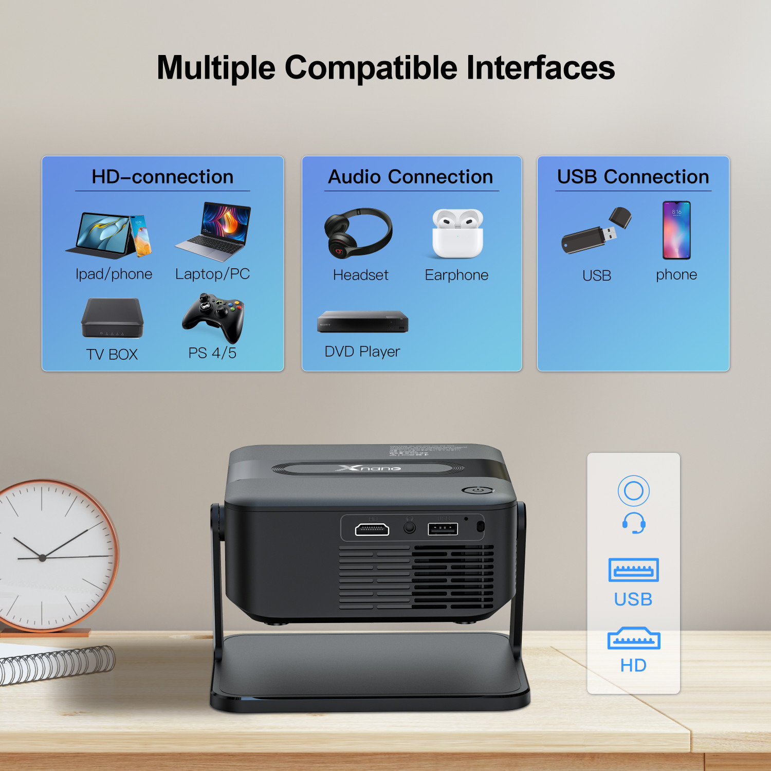 Image of Shopexo HA109 4K Support Native Full HD Android Bluetooth Wifi Free Style (5000 lm / 1 Speaker / Wireless / Remote Controller) Portable Projector