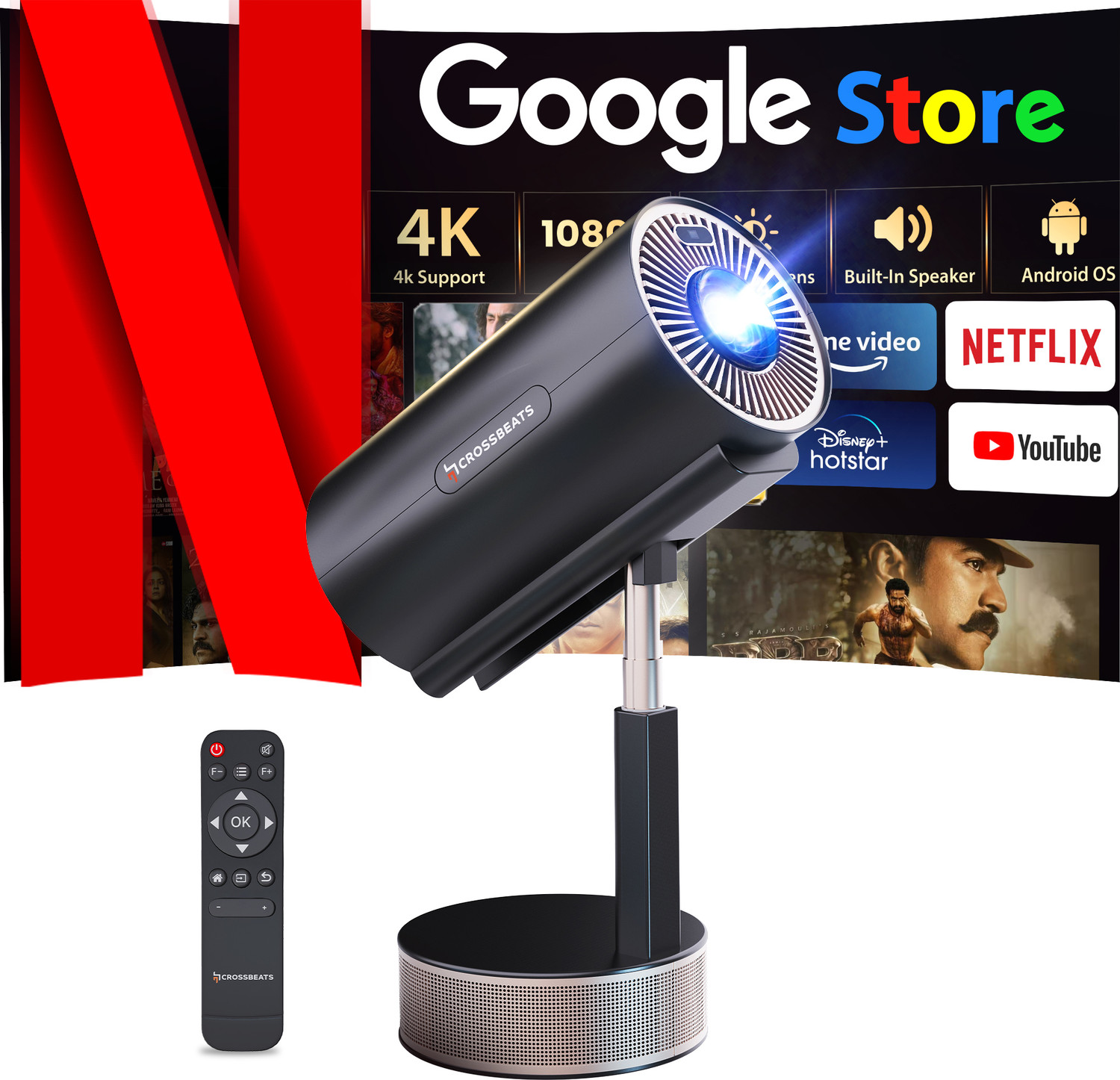 Image of CrossBeats Lumex Pro Smart 4k Ultra HD, Native 1080P, (14000 lm / 1 Speaker / Wireless / Remote Controller) Portable Android 13 Built-in Apps Netflix, Prime, 300 inch Wide Display Projector