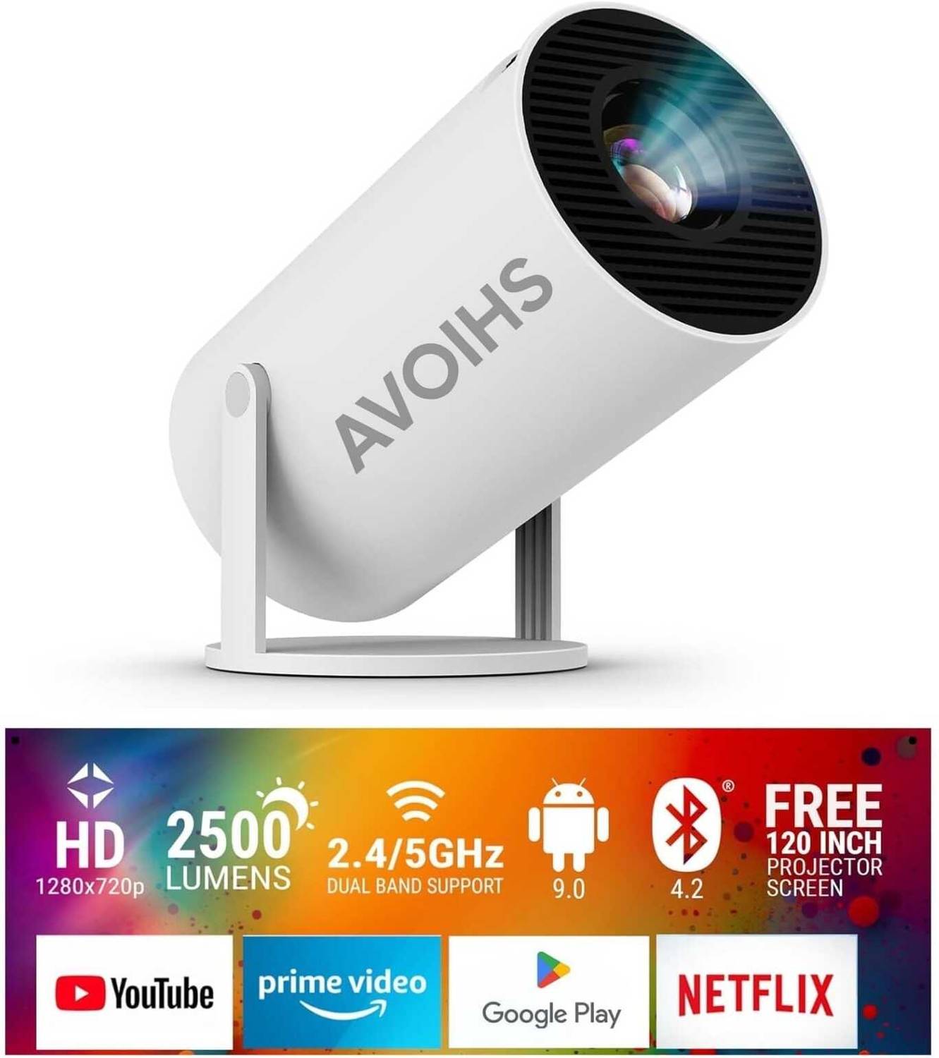 AVOIHS 4K 1080P Full HD Projector (4500 lm / 1 Speaker / Wireless / Remote Controller (4500 lm / 1 Speaker / Wireless / Remote Controller) Portable Projector