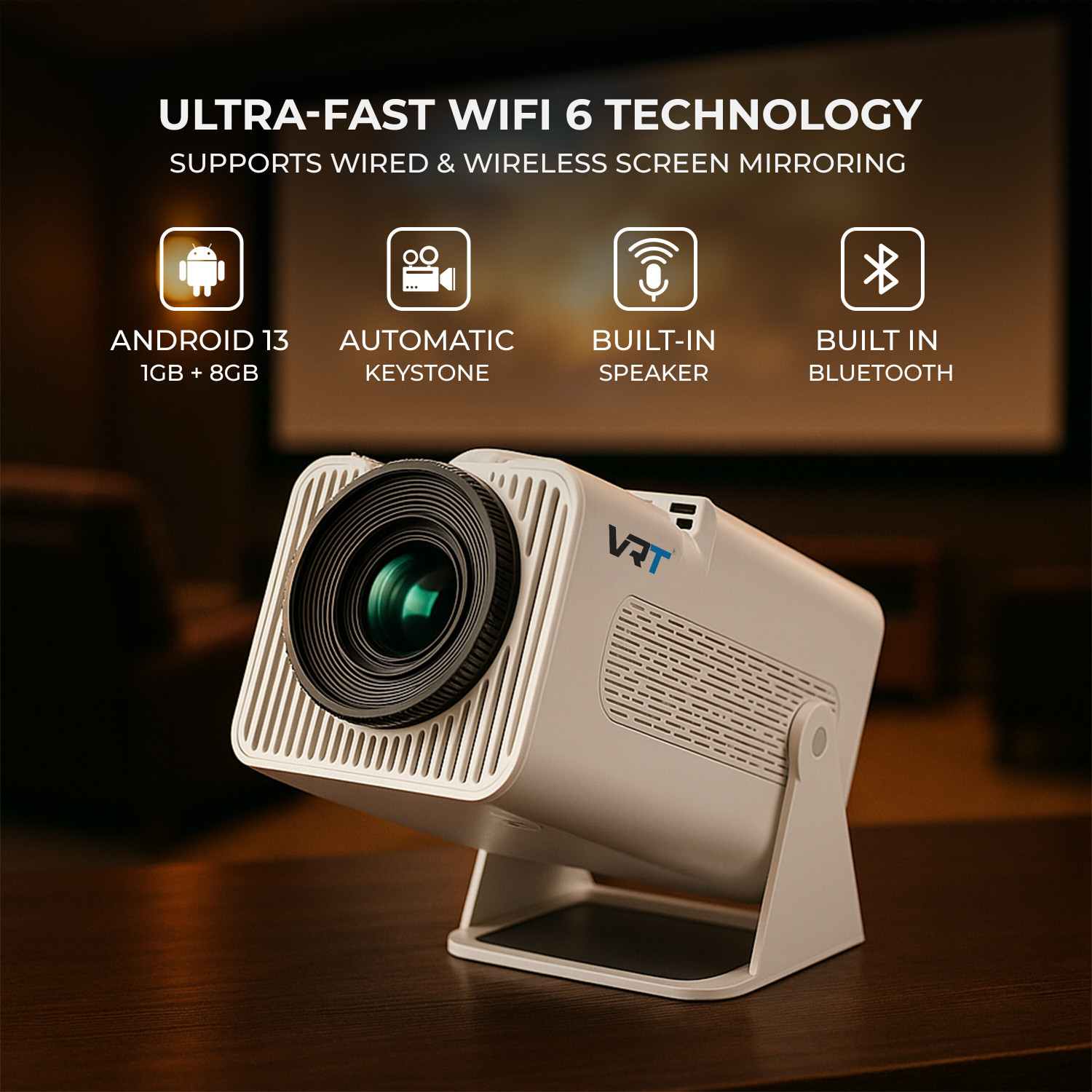 Image of VRT Smart LED Projector N600|1080P Native|4K HDR|Android 13|Auto Keystone (8400 lm / 1 Speaker / Wireless / Remote Controller) Portable Projector