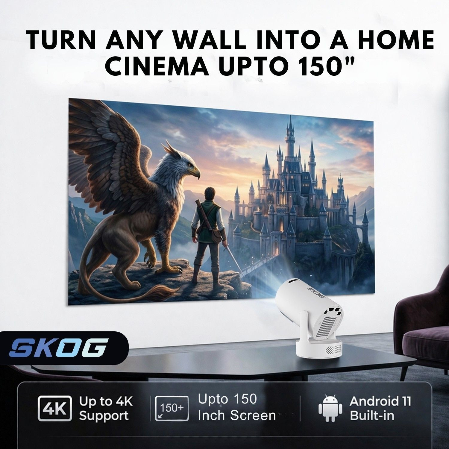 Image of SKOG Smart Projector, 4K HD Wifi6 /BT5, Android11, 180 Degree Rotation & Auto Keystone (4500 lm / 1 Speaker / Wireless / Remote Controller) Portable Projector