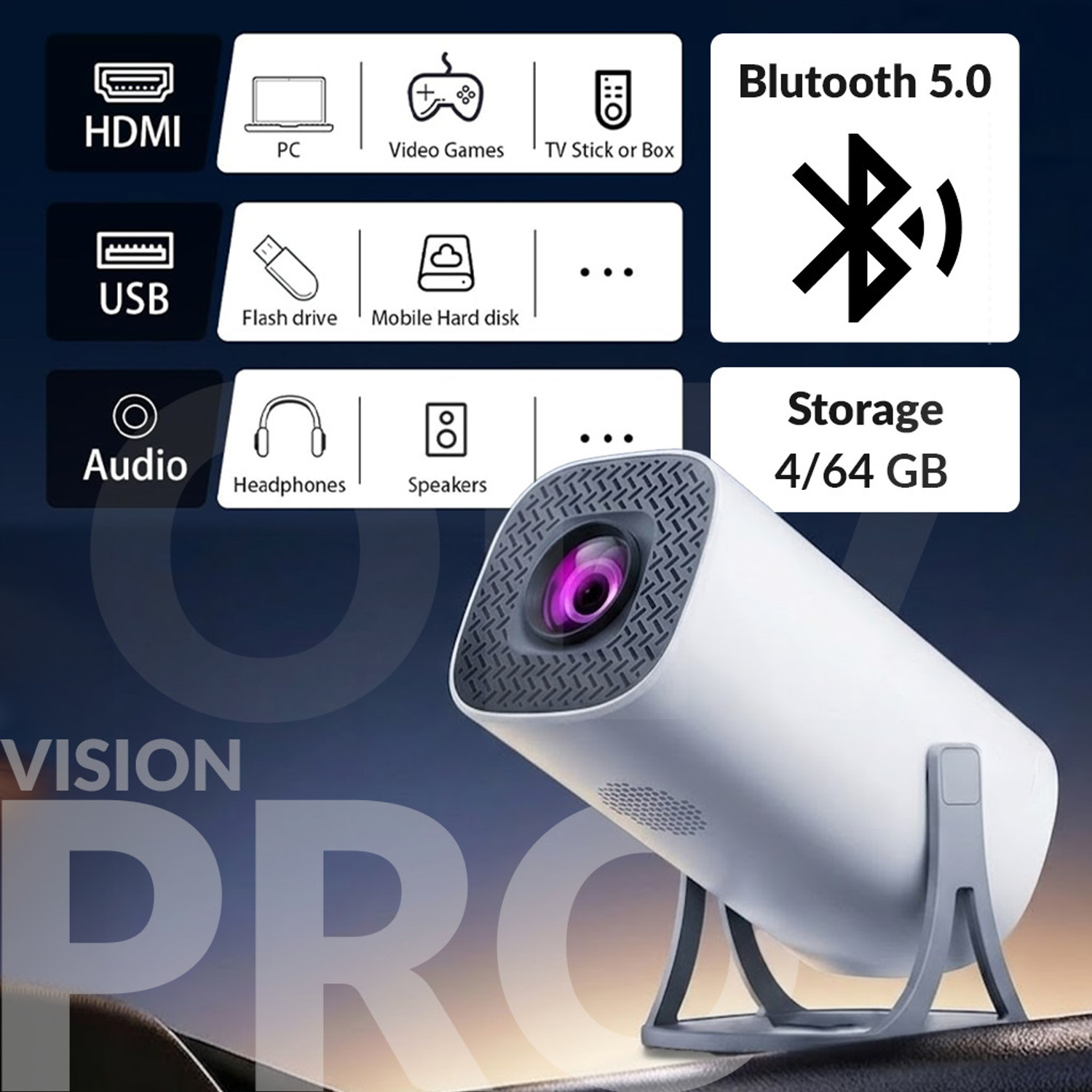 Image of OLV Portable Smart Mini Projector 4K 1080P|Android 14|64GB|WiFi|BT 5.0|180 Rotate (8000 lm / Remote Controller) Portable Projector